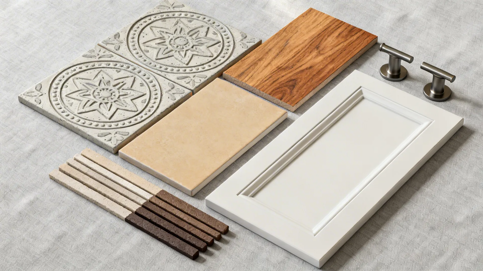 Flat lay of patterned cement tile with neutral field tile, wood, paint, grout, and hardware