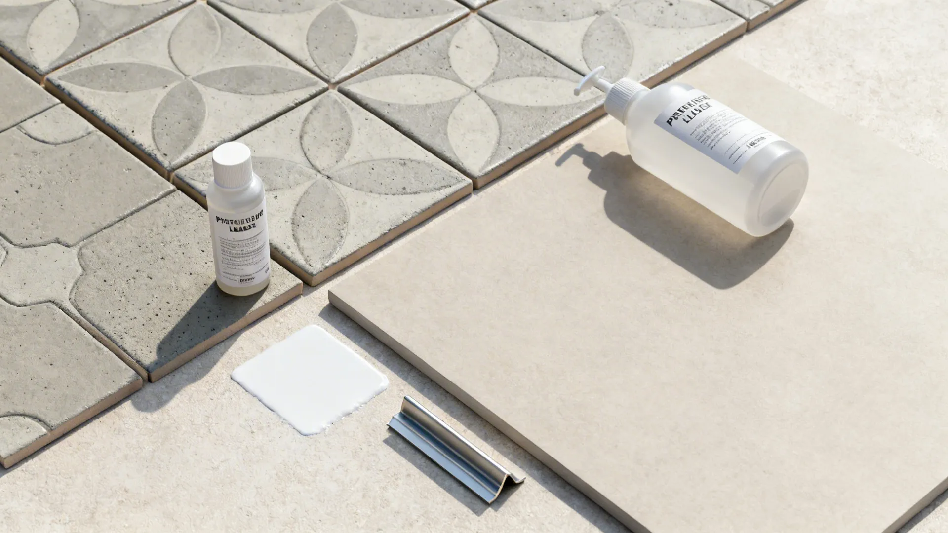 Top-down material board with patterned cement tiles, neutral porcelain, grout, and sealer.