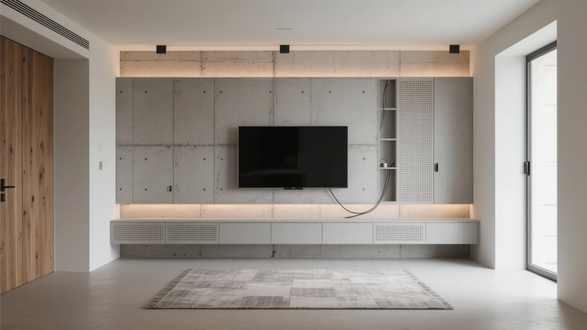 Modern living room with grey wall panel television long cabinet floor rug and big glass windows