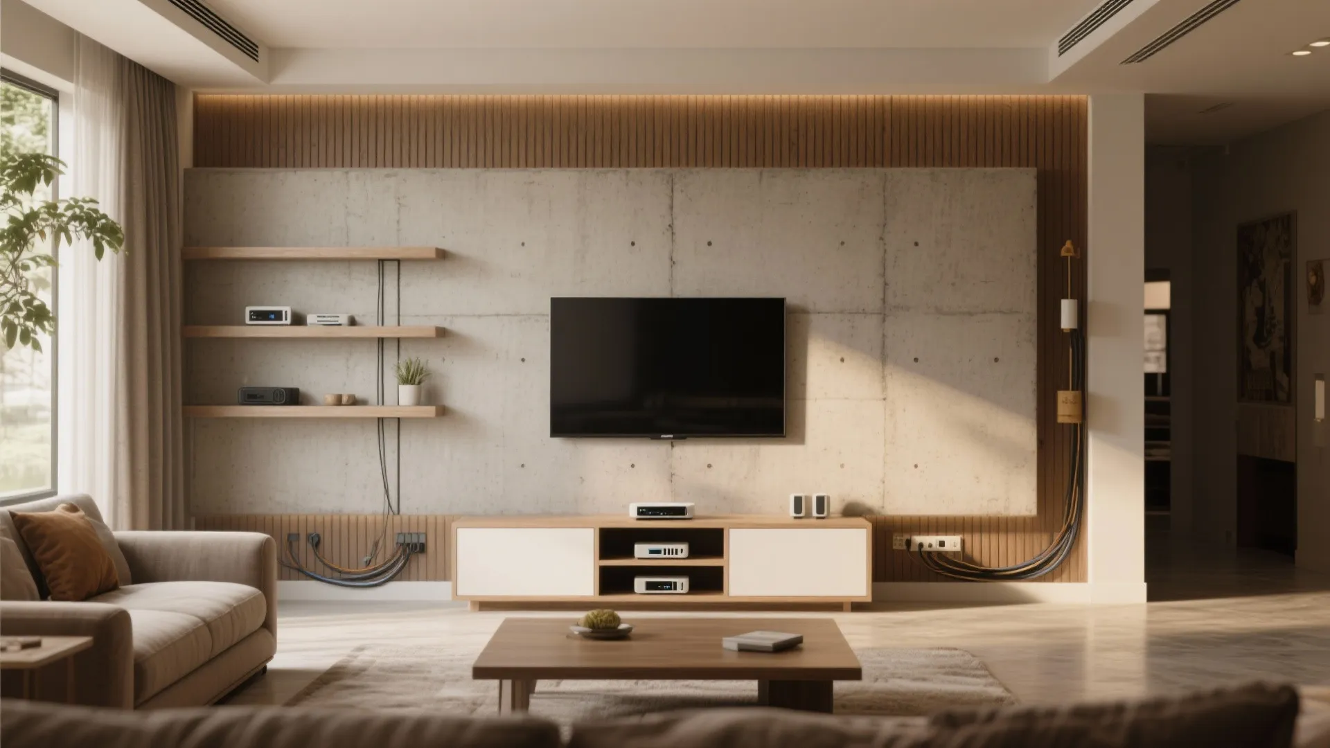 Modern living room featuring cement wall with television wooden cabinet and wall panel design details