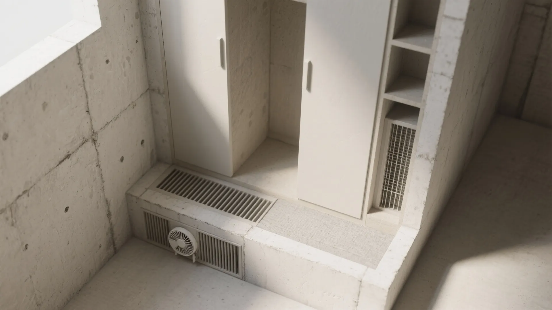 Interior design drawing of a white cabinet with air vents and small fan on stone wall