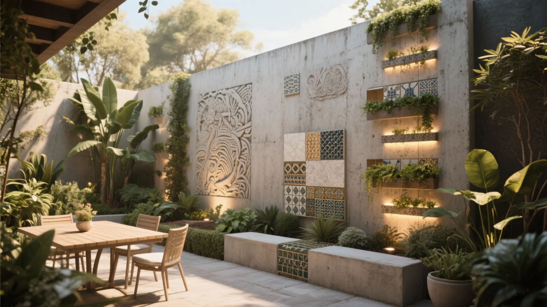 Outdoor patio with wooden furniture and concrete wall with decorative tiles and glowing green plants