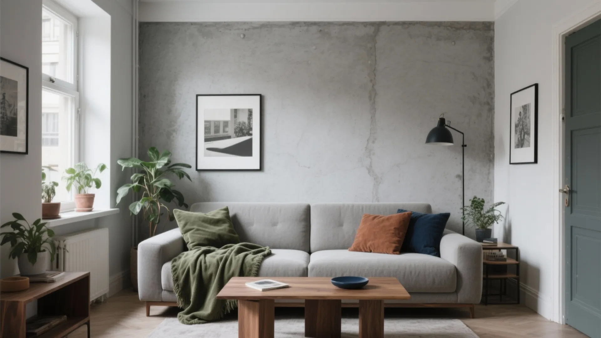 Modern living room with grey sofa concrete wall wooden coffee table green blanket and art