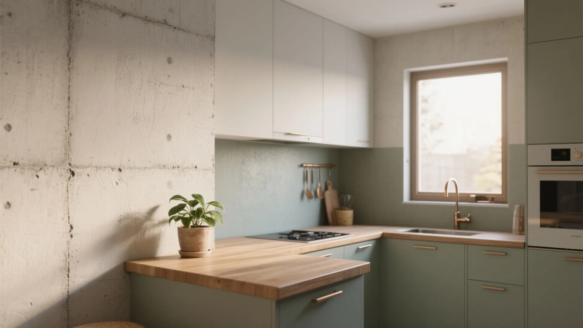 Modern kitchen with green cabinets and wood counter next to a rough grey concrete wall