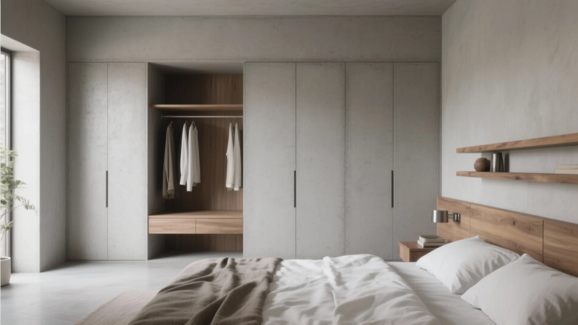 Modern bedroom with grey concrete closet showing clothes hanging inside next to a wooden bed