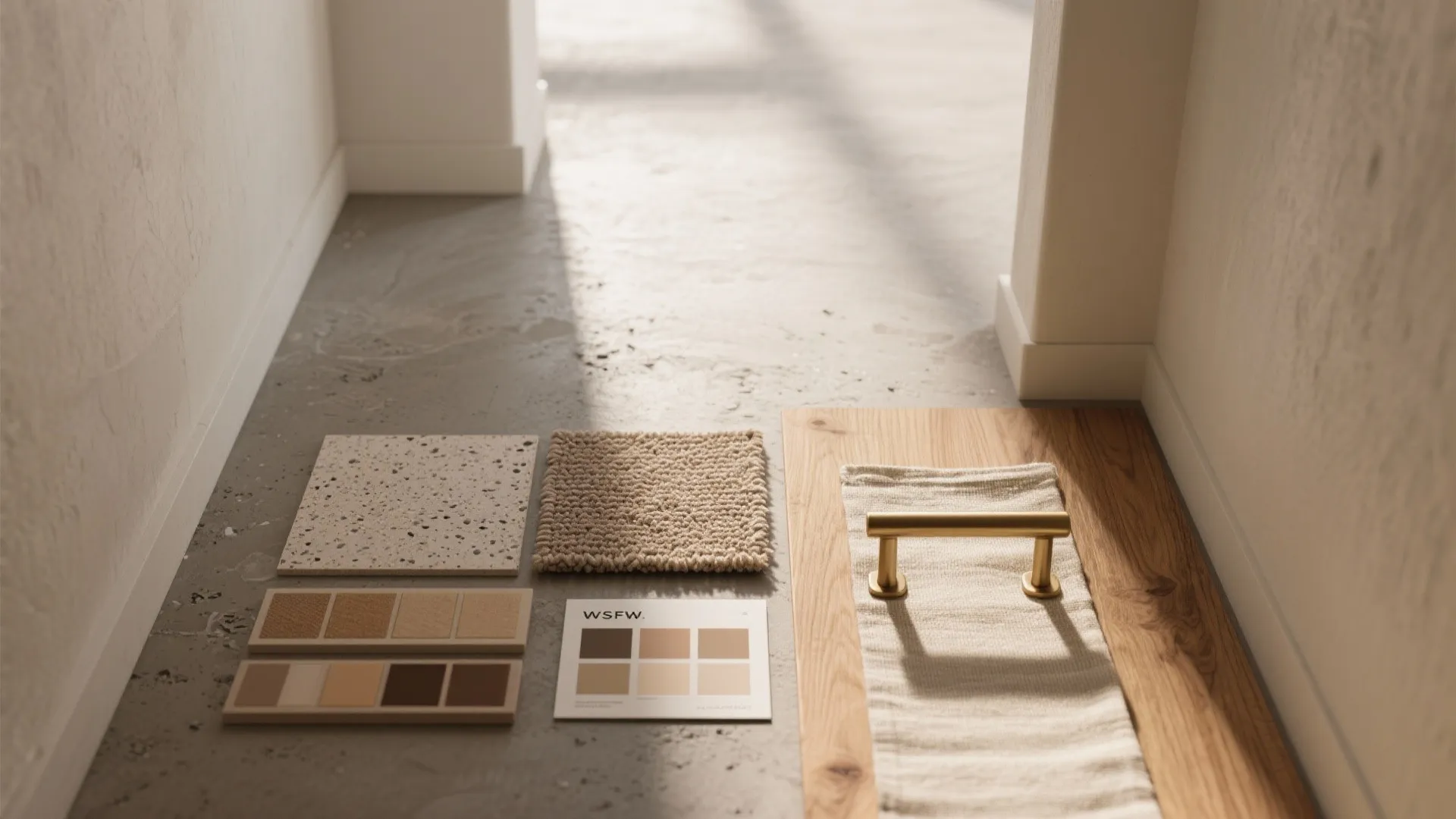 Interior design material board with wood samples carpet pieces gold handle and neutral color swatches