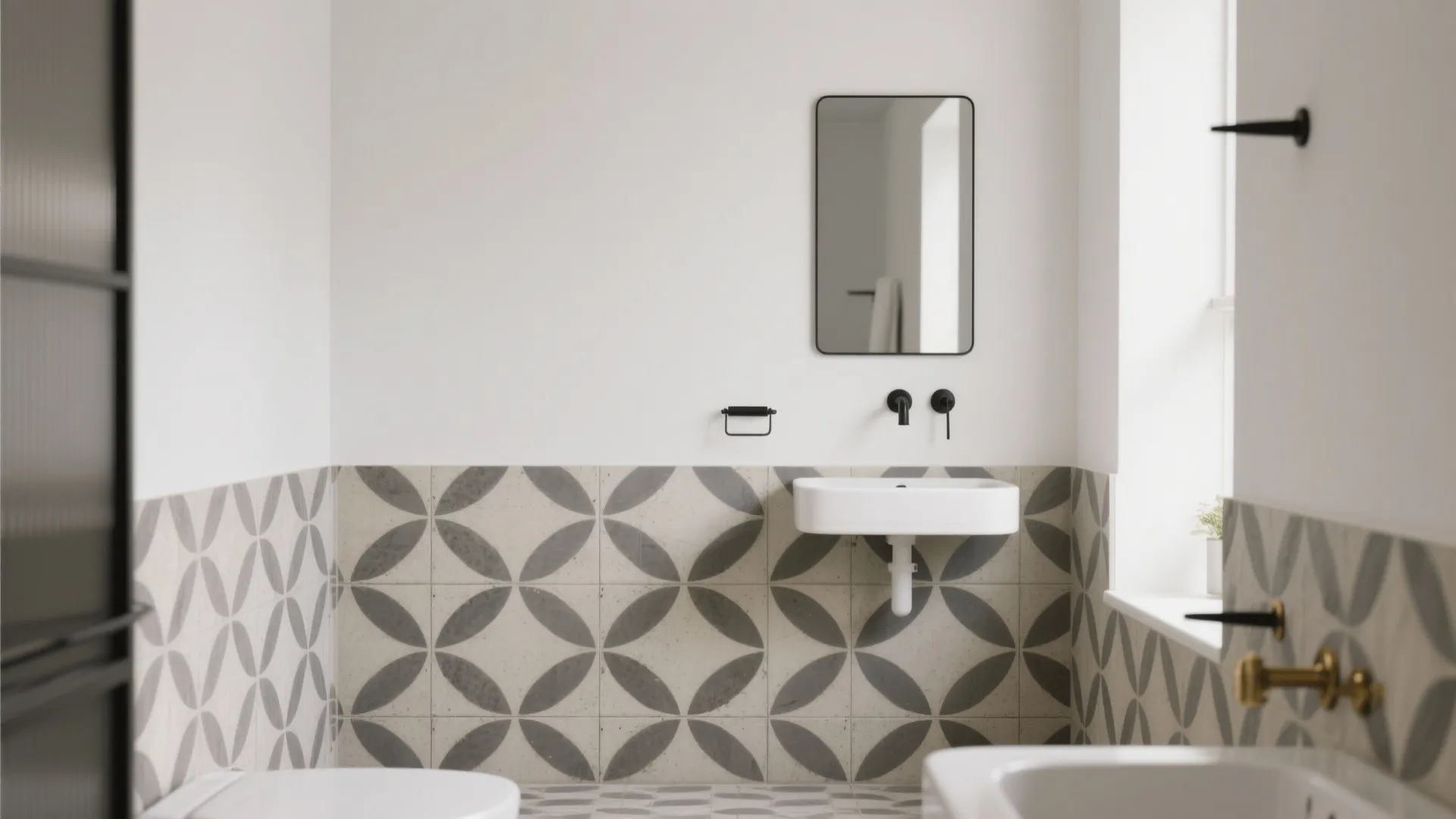 Modern bathroom featuring patterned wall tiles white sink rectangular mirror and black wall light fixtures