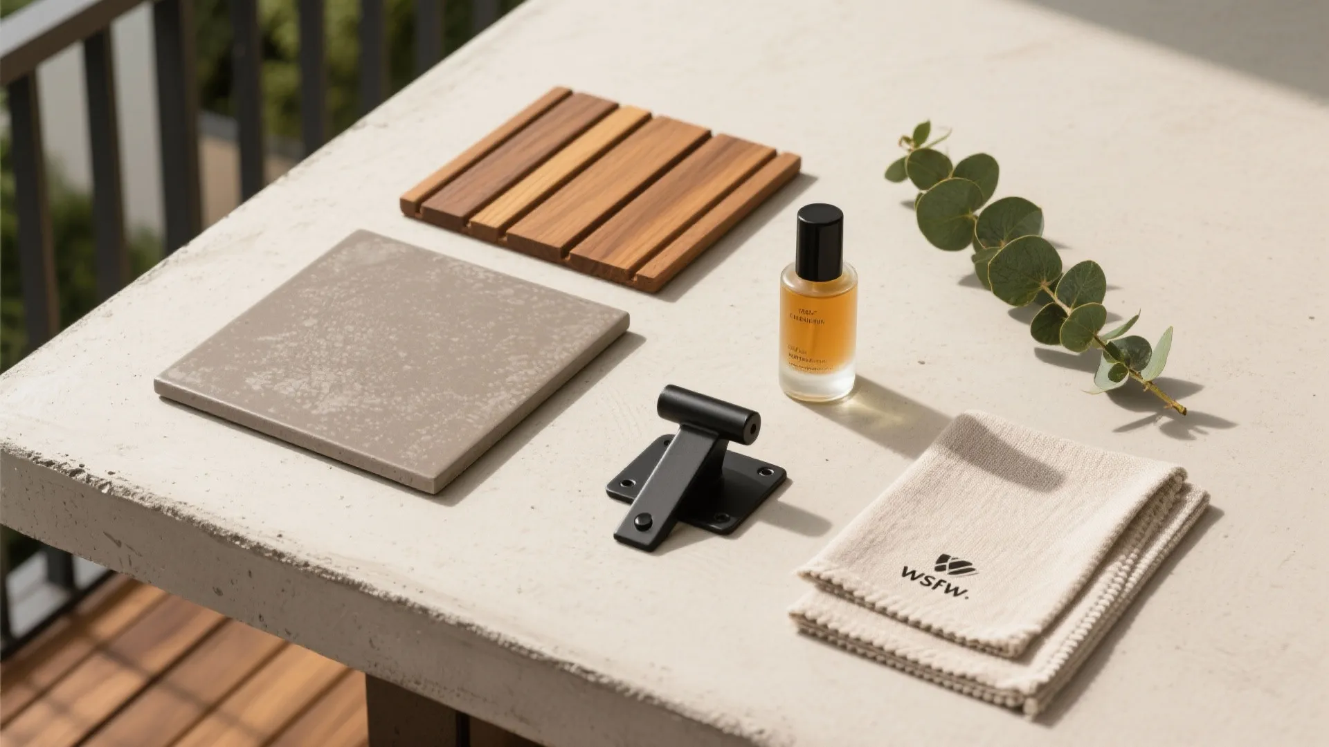 Cement + wood palette for warmth and balance