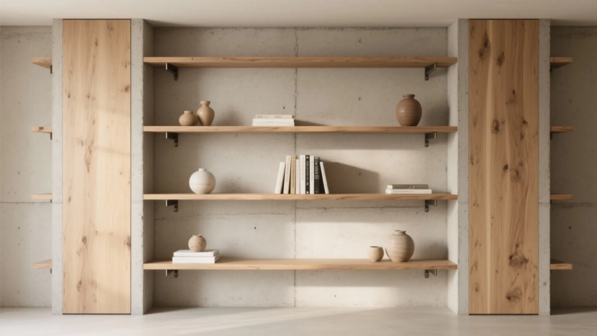 Minimalist wooden wall shelves holding books and pottery against a clean grey concrete wall surface