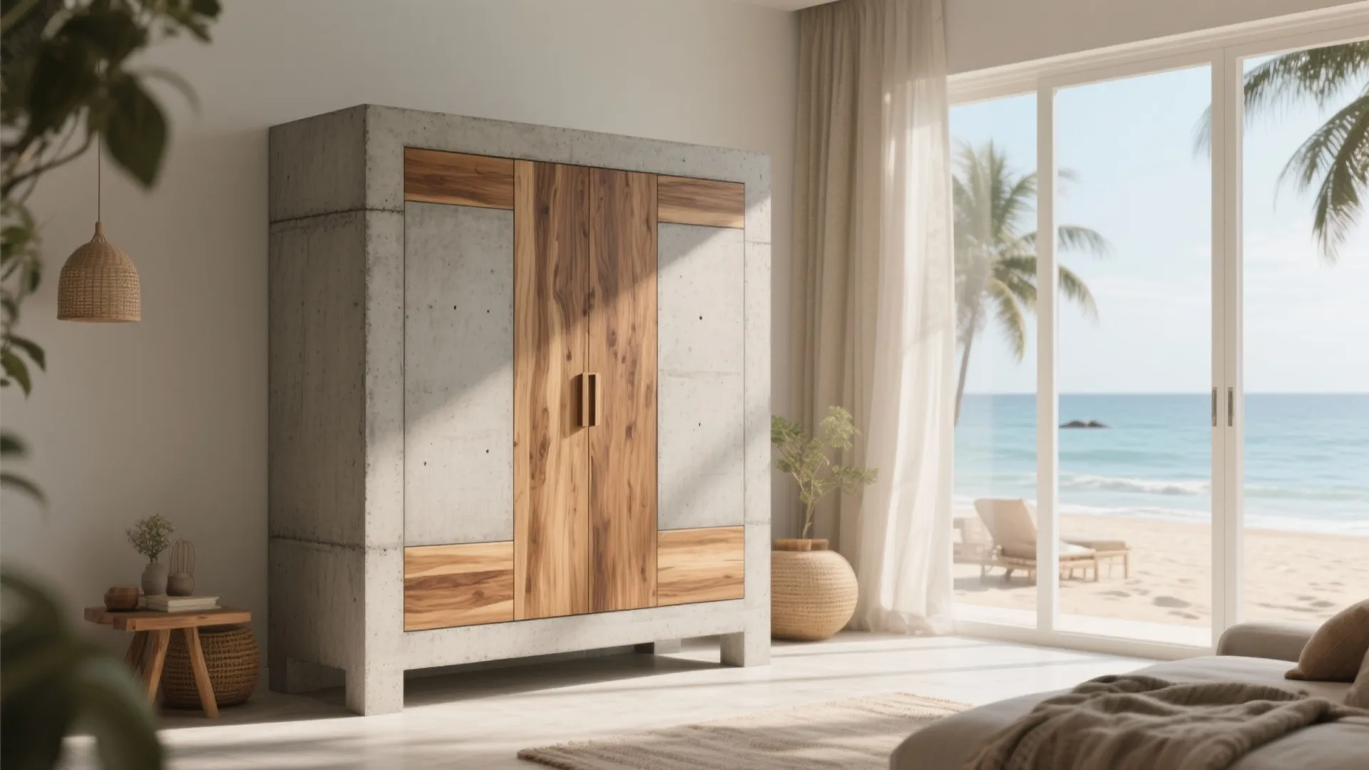 Interior design with a concrete and wood cabinet overlooking a sunny beach through large windows