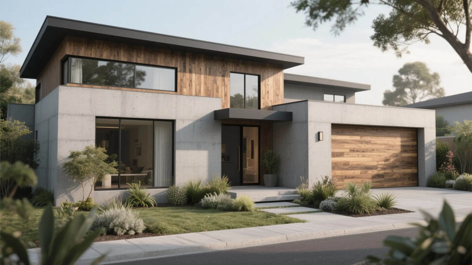 Modern two story house with grey wall panels wooden garage door and green garden landscape