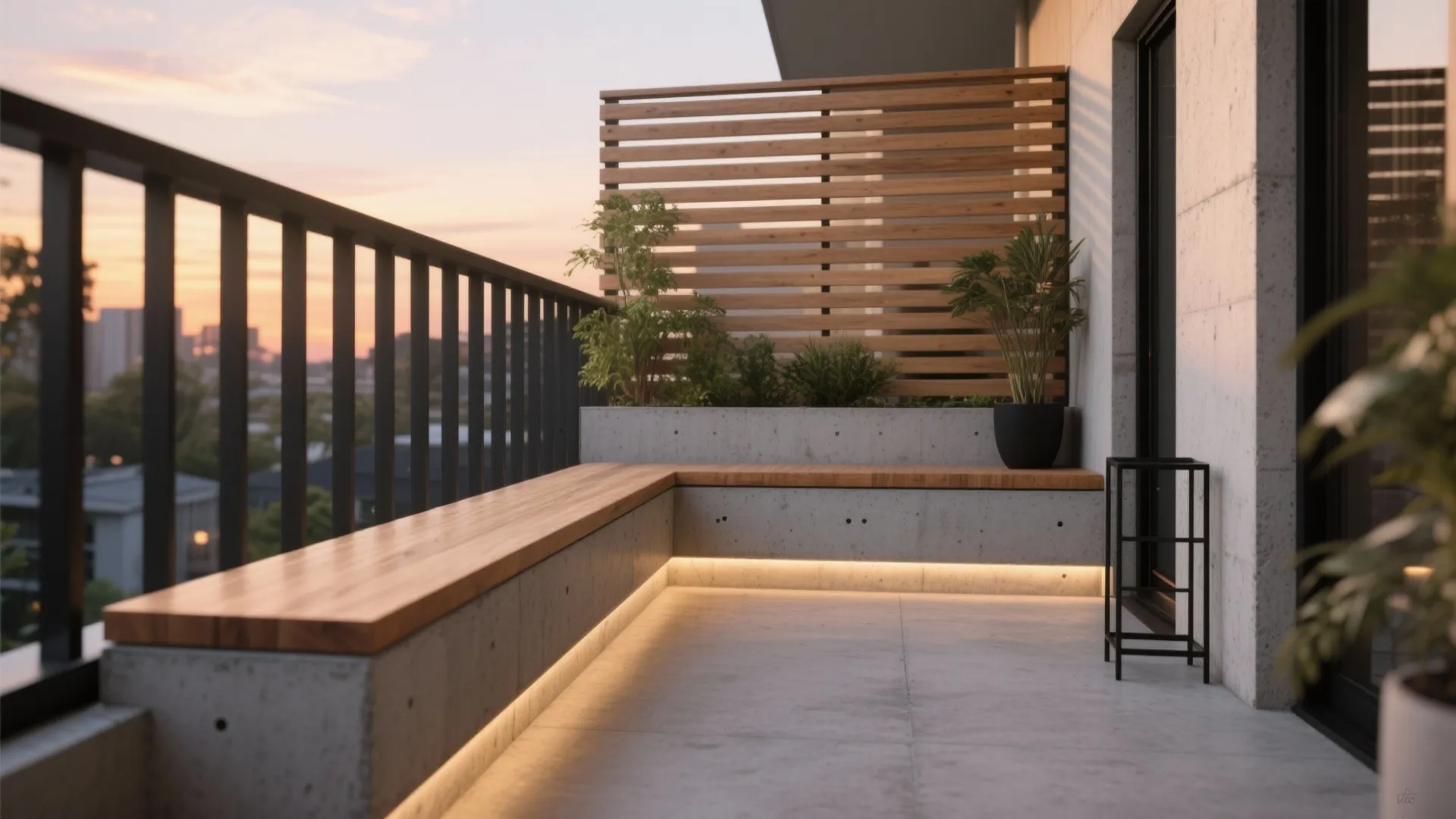 Modern balcony with concrete bench wood seating warm under lighting privacy screen and potted plants