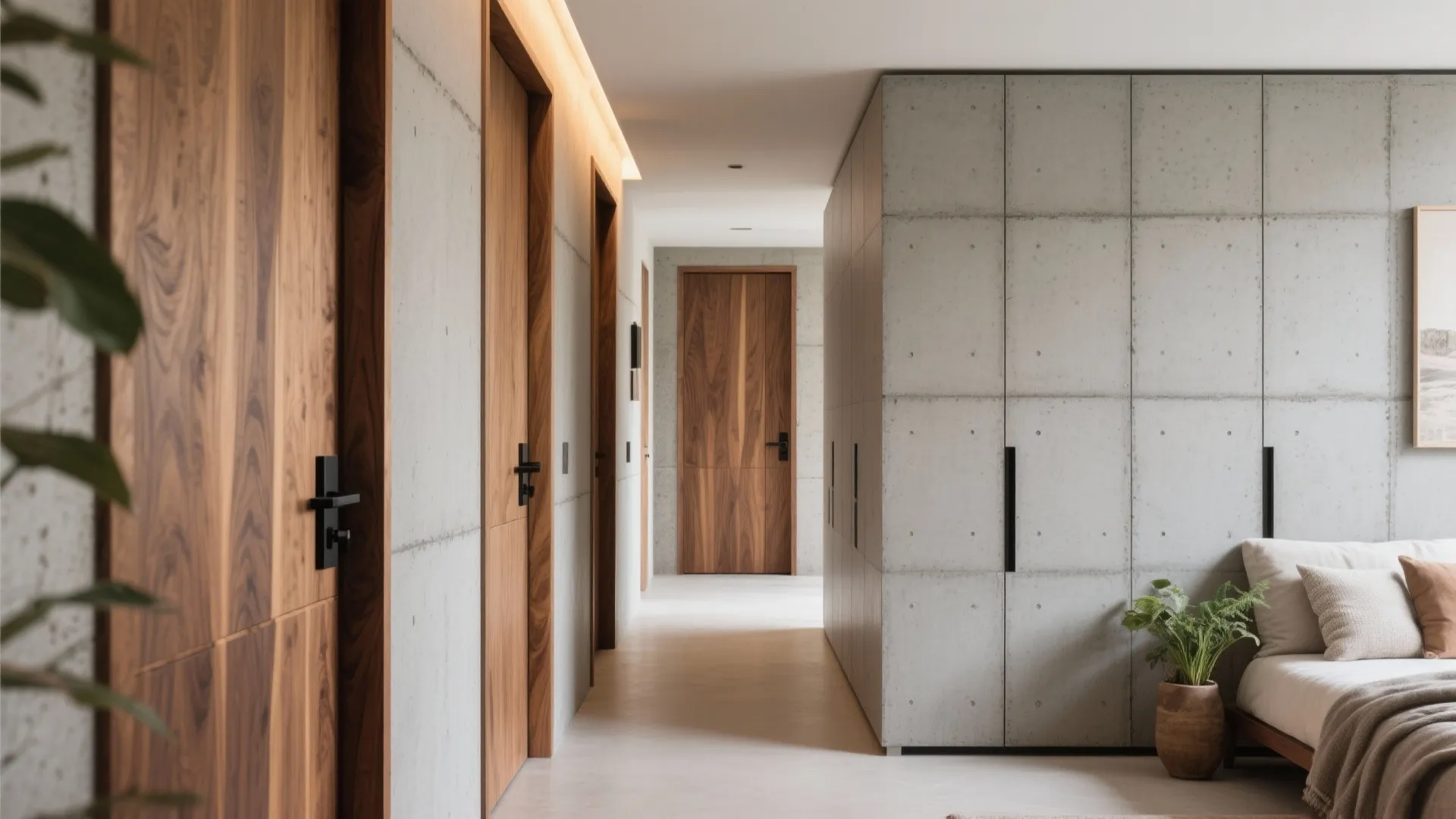 Modern hallway with wooden doors, grey cement walls, a large cabinet, and a white sofa