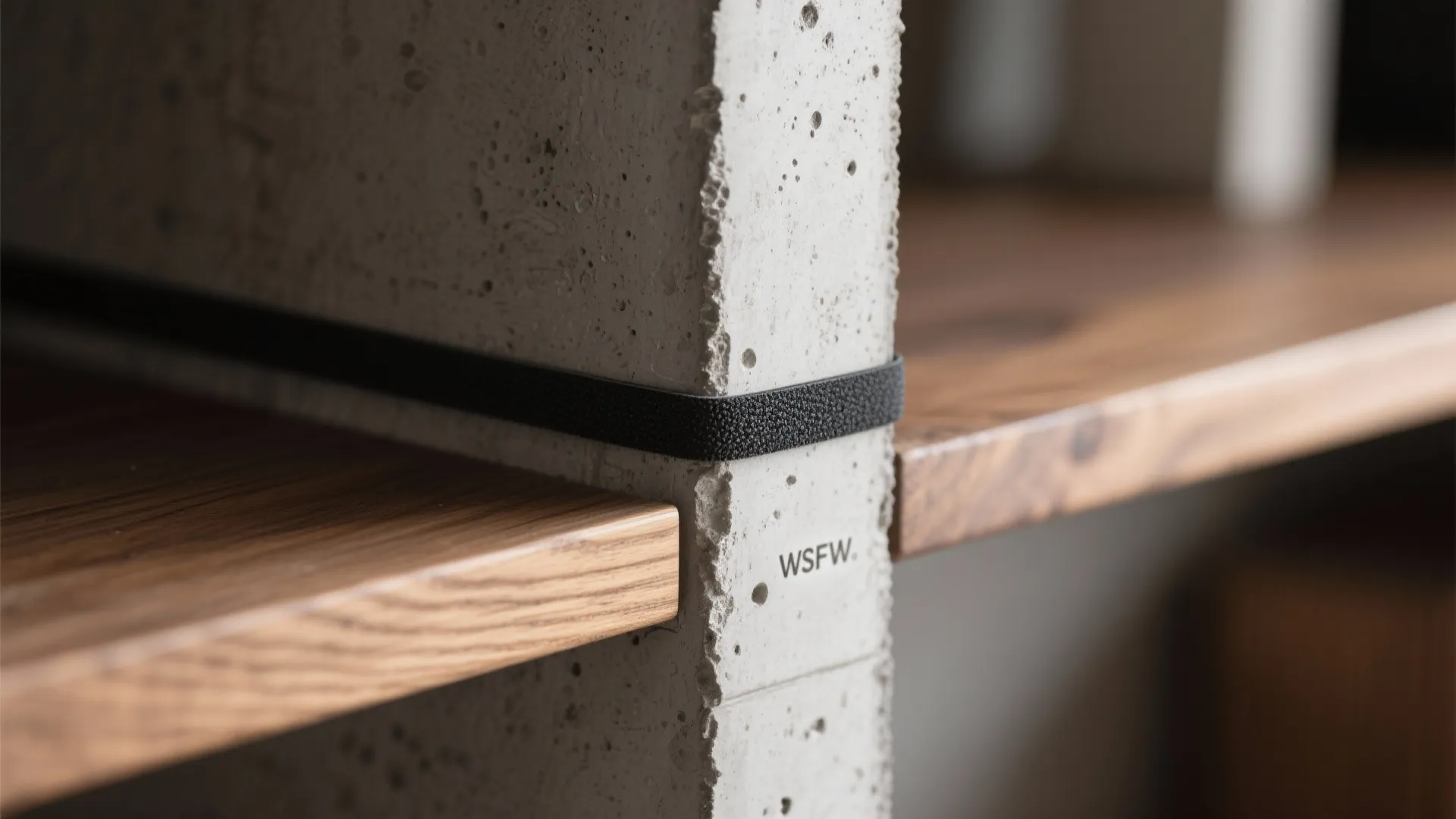 Detailed view of wooden shelves attached to gray concrete wall with a black leather support