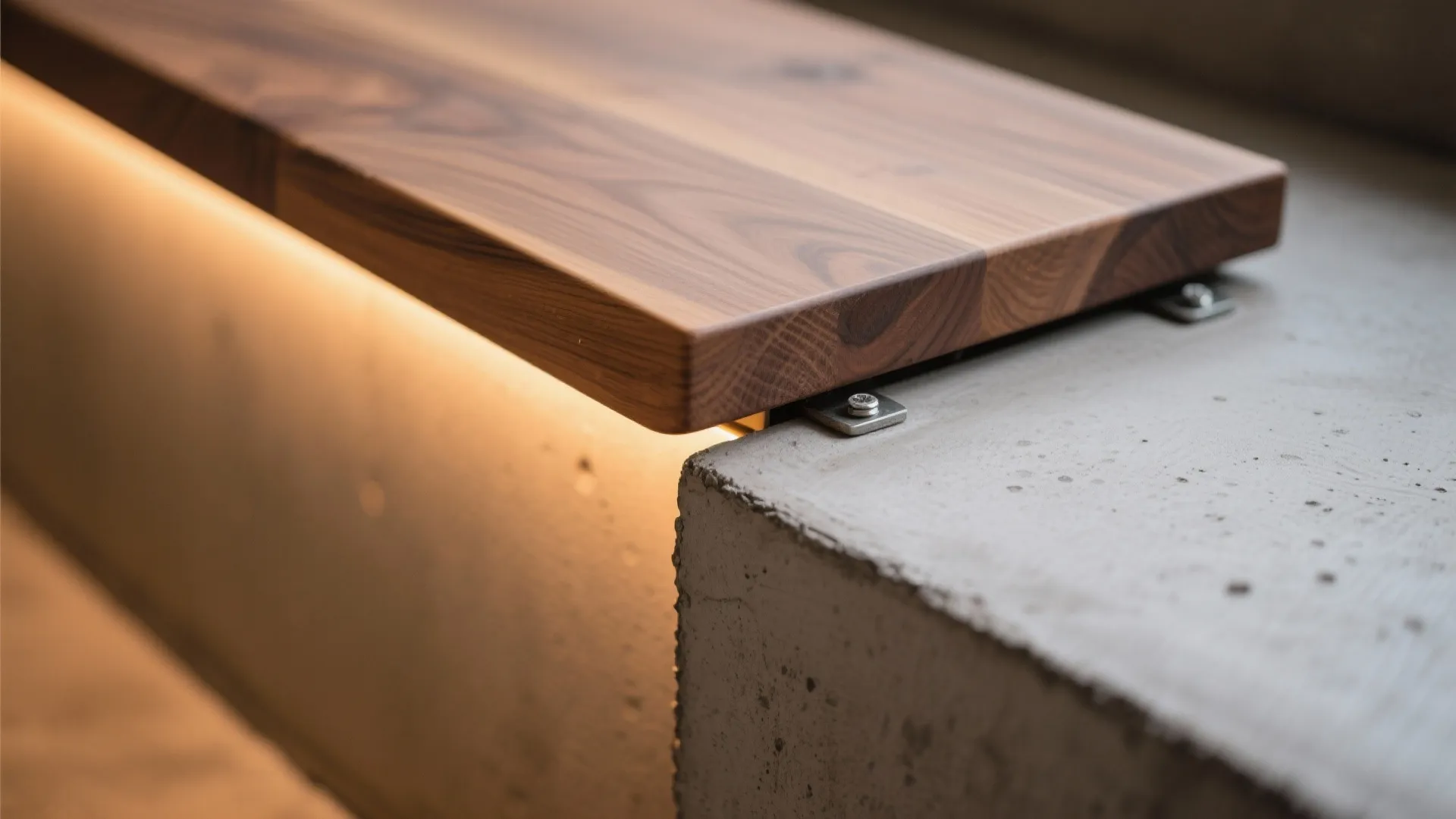 Close up view of a wooden surface attached to a concrete base with hidden warm lighting