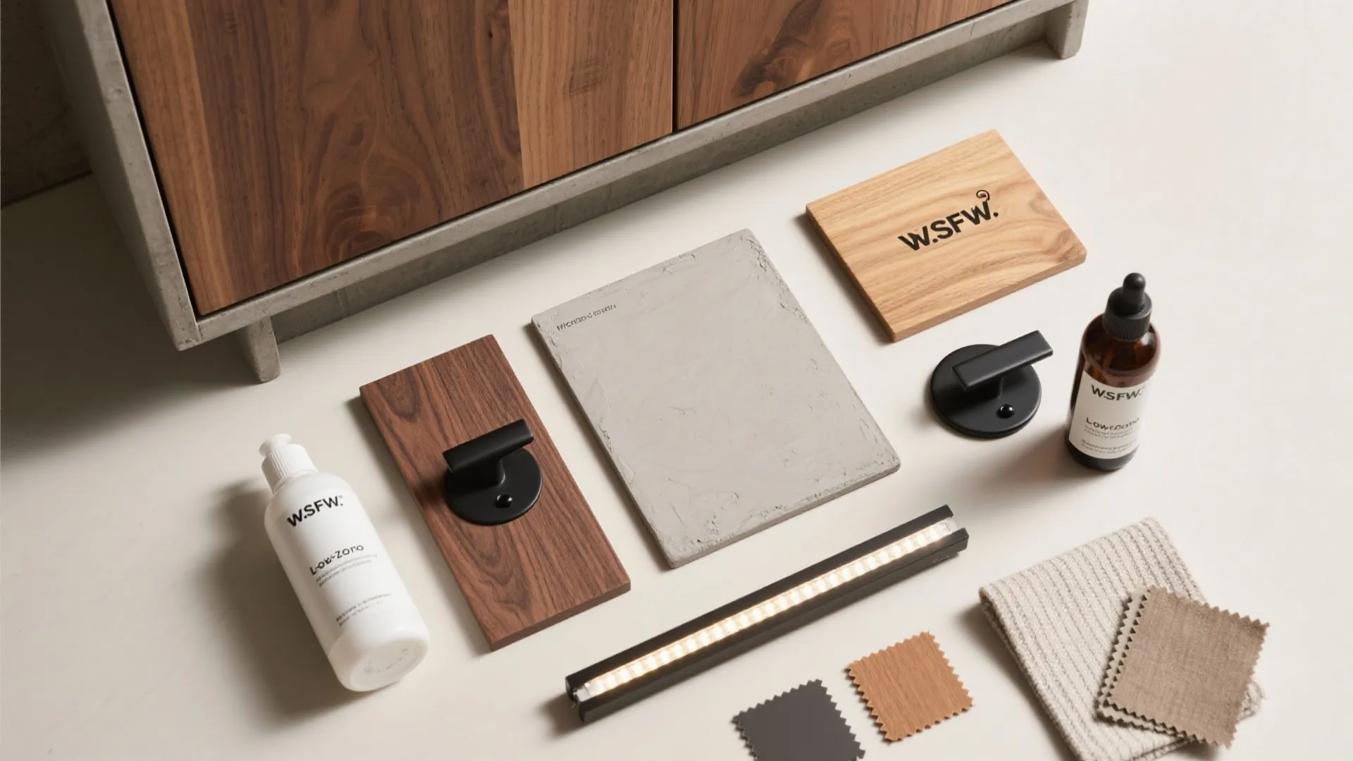 Interior design material samples with wood boards concrete tile black handles light fixture and fabric