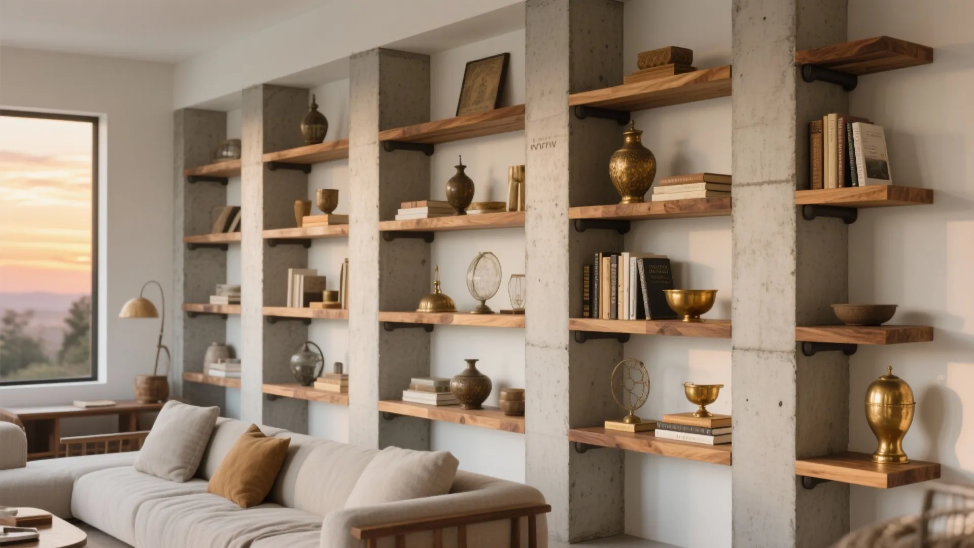 Large wooden wall shelves with books and gold decor items next to a beige sofa