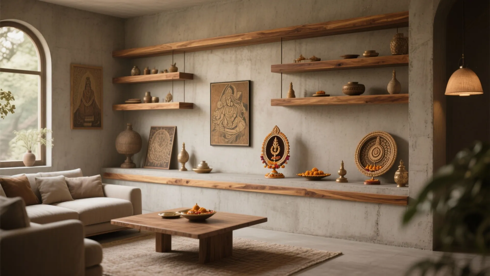 Living room with concrete walls wooden shelves beige sofa low coffee table and simple decor