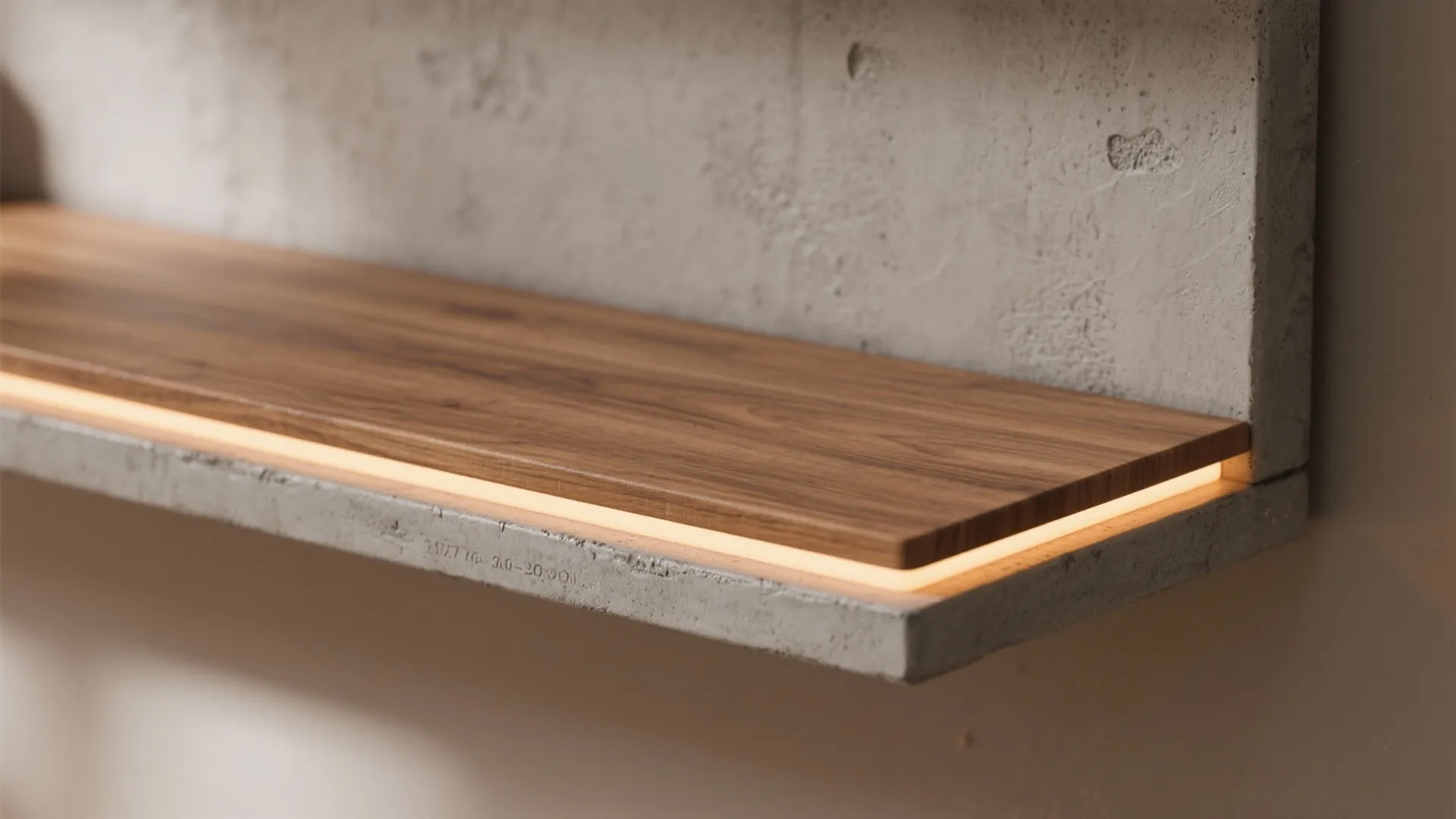 Modern wood shelf with hidden warm light strip mounted on a rough grey concrete wall surface