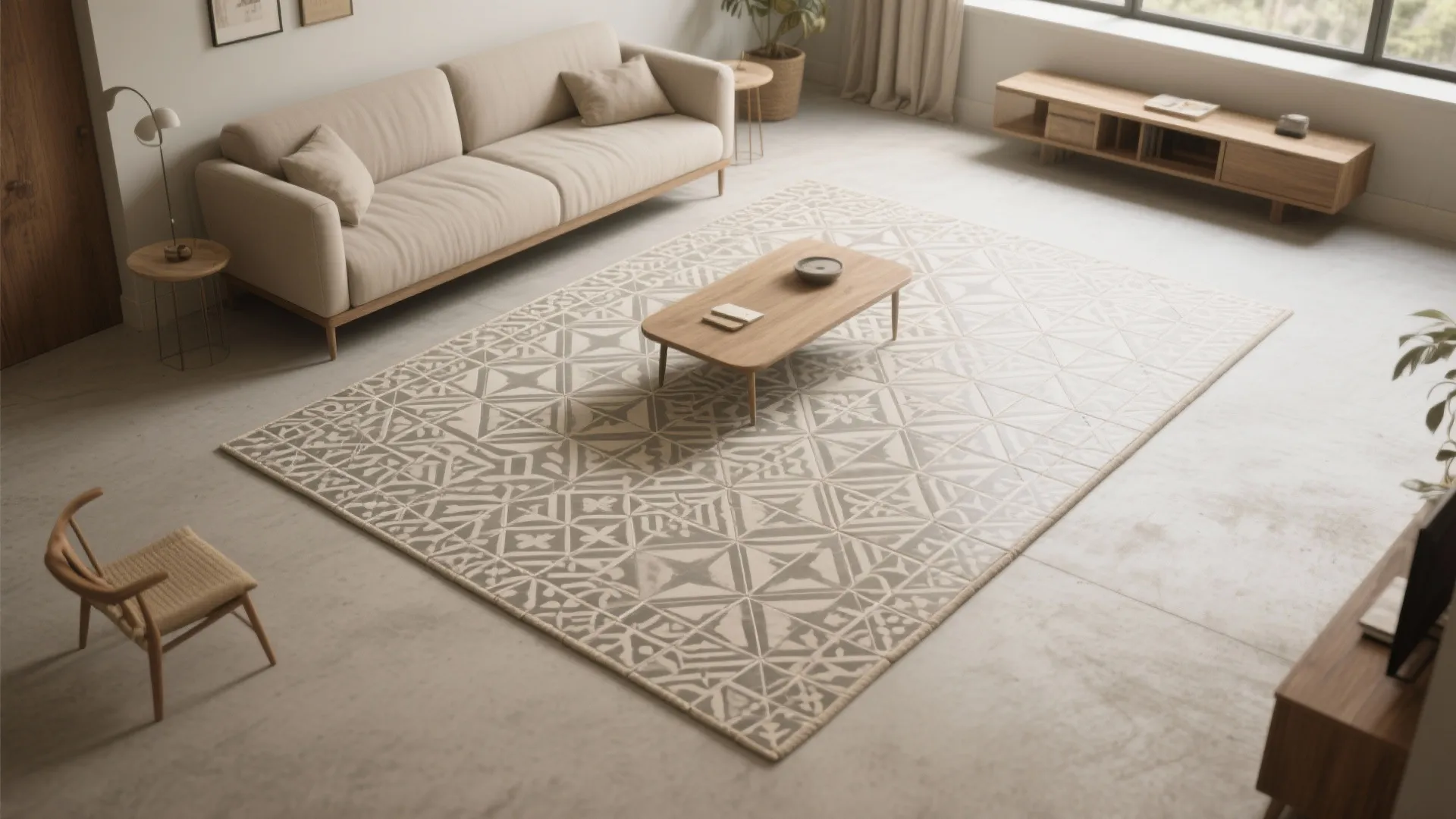 Modern living room view showing geometric pattern rug wooden coffee table and beige fabric sofa