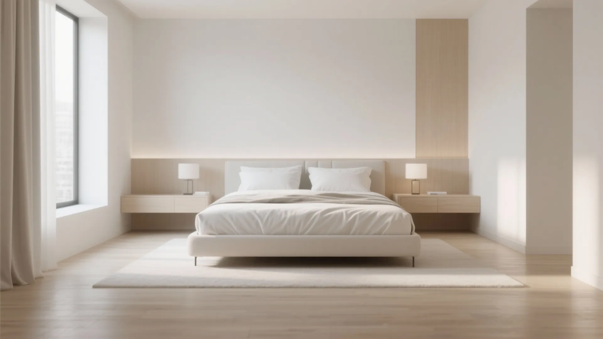 Minimalist bright bedroom with white walls, wooden floor, large window, and symmetrical floating bedside tables