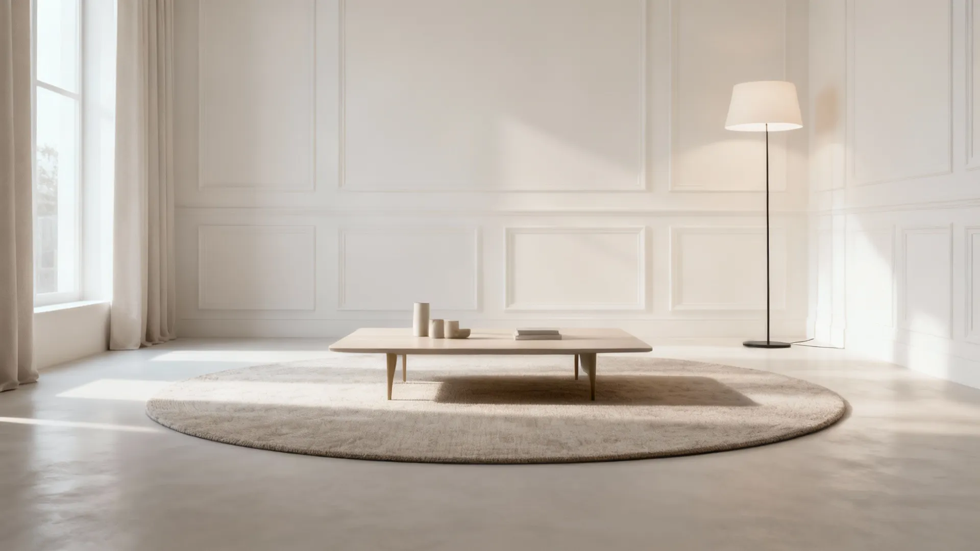 Minimalist living room with a round rug centered beneath a coffee table and sofas off the rug.