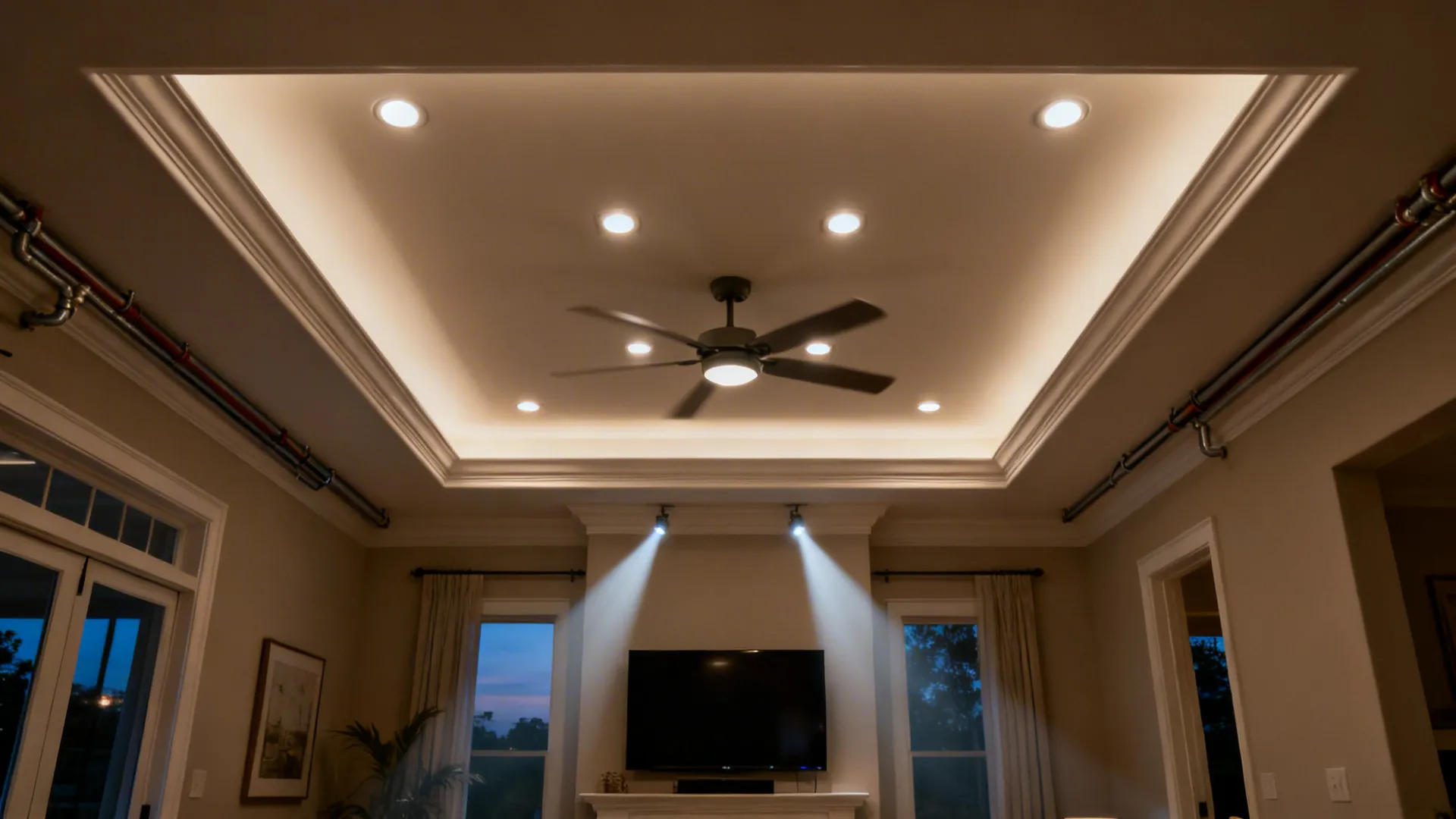 Shallow center coffer with four recessed downlights and a slim ceiling fan in a compact living room.