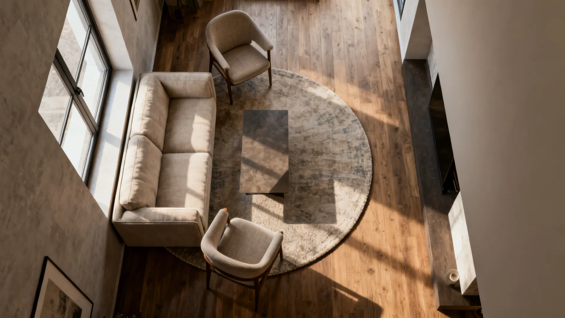 Narrow loft living room with a round rug unifying sofa and chairs into a conversation area.