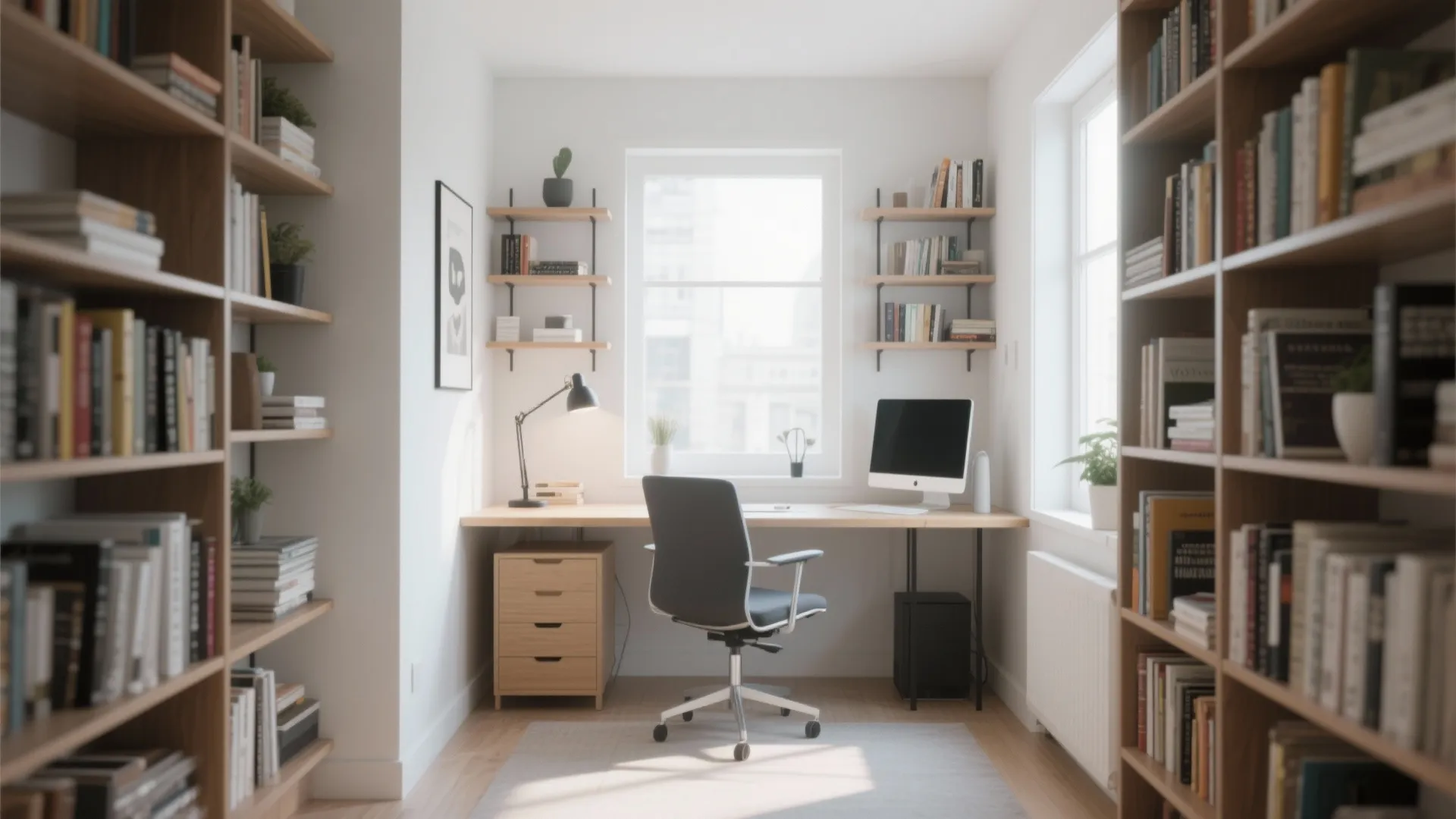 Minimalist home office featuring wooden desk black office chair white walls tall bookshelves and light