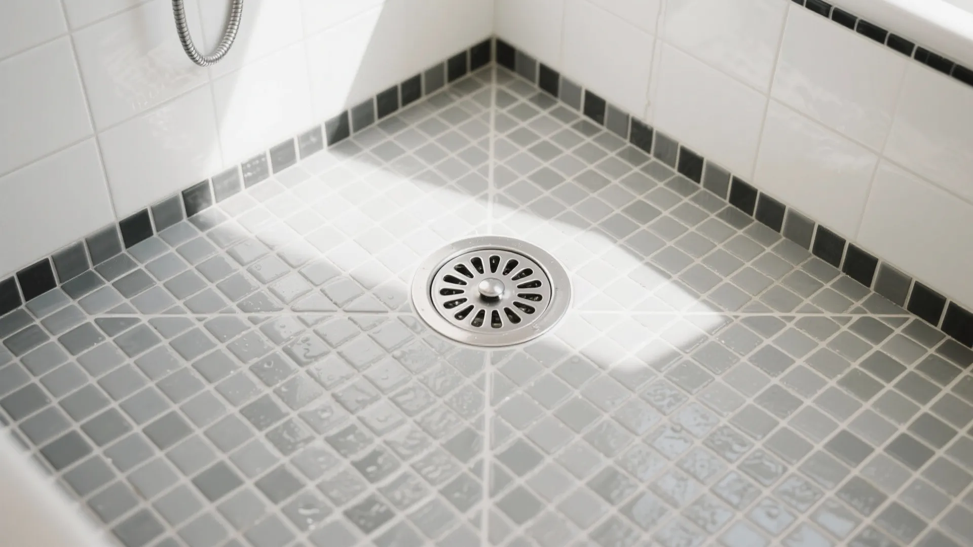 Top-down view of a mosaic shower floor with a round center drain and a clean four-way slope.