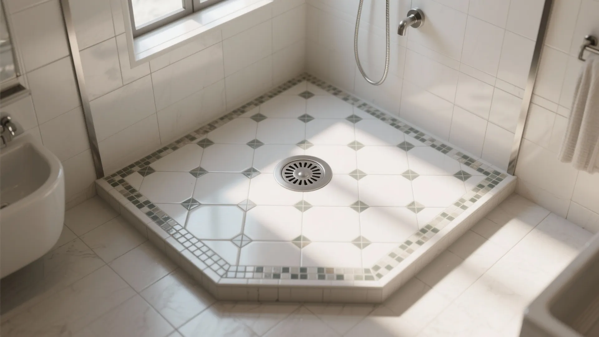Raised shower floor with white patterned tiles and a round metal drain in the center