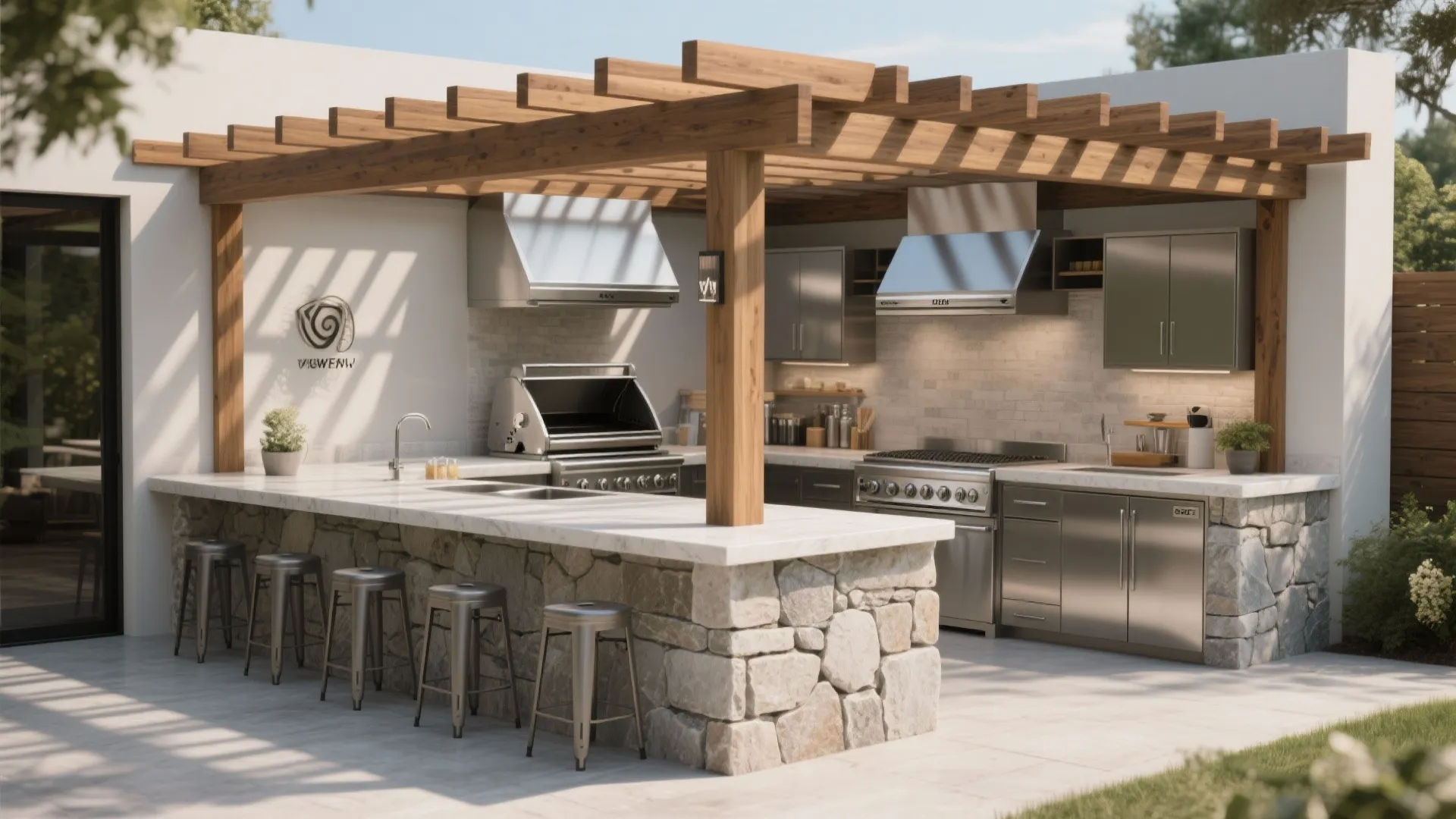 Idea 1: Built-in Counter Pergola with a Center Grill