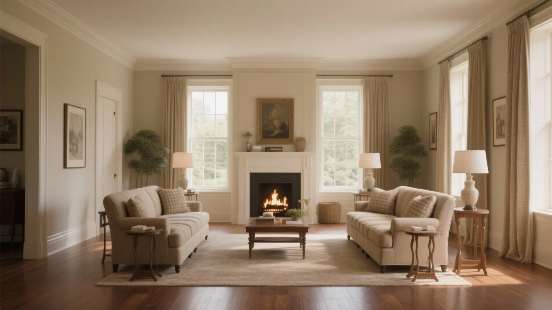 Symmetrical living room design with two beige sofas facing a fireplace under large bright windows wood