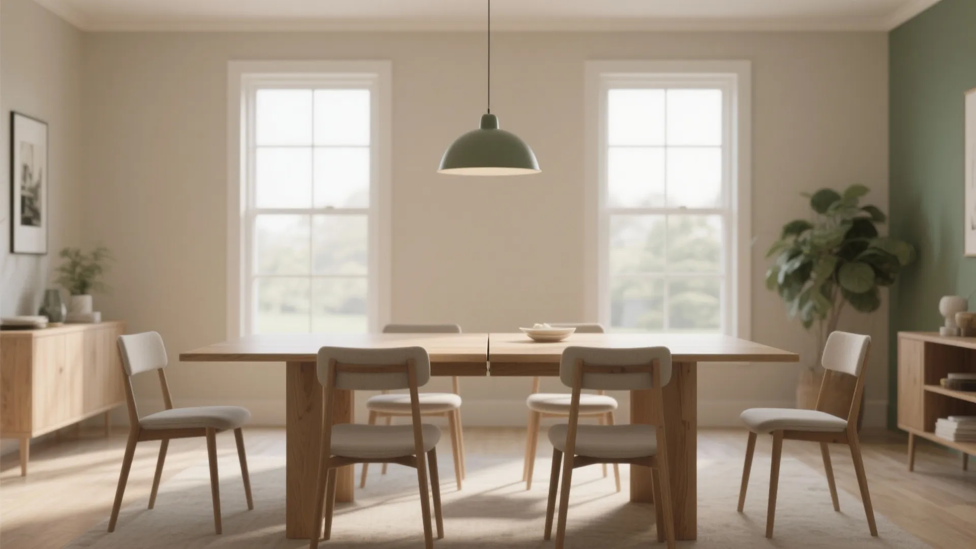 Modern dining room featuring wooden table, six chairs, green ceiling light, windows, and potted plants