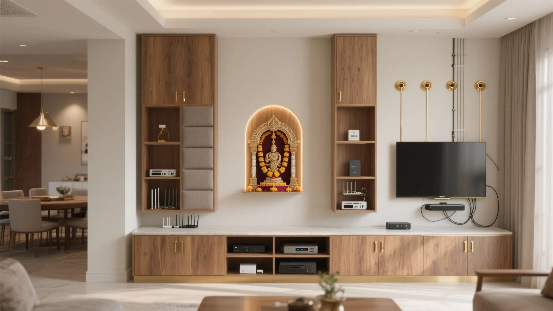 Symmetry-Driven Center Mandir with Flanking Storage