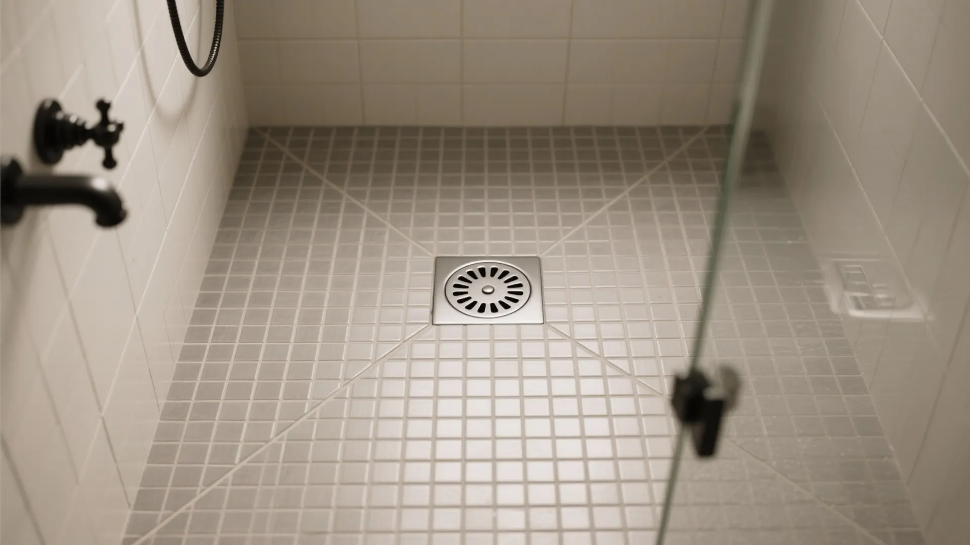 Grey square floor tiles in a shower room with a metal drain and black tap