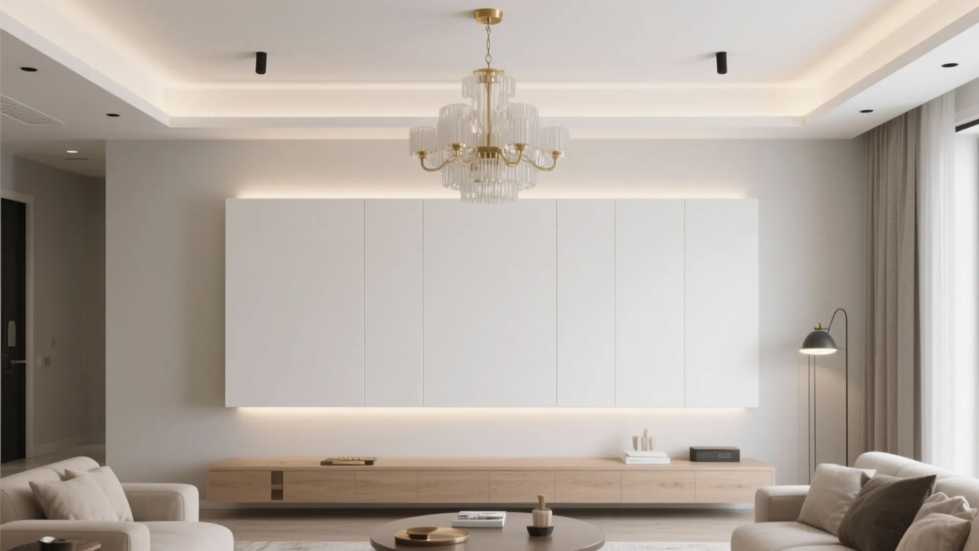Modern living room featuring a white wall panel with glowing lights and a ceiling light