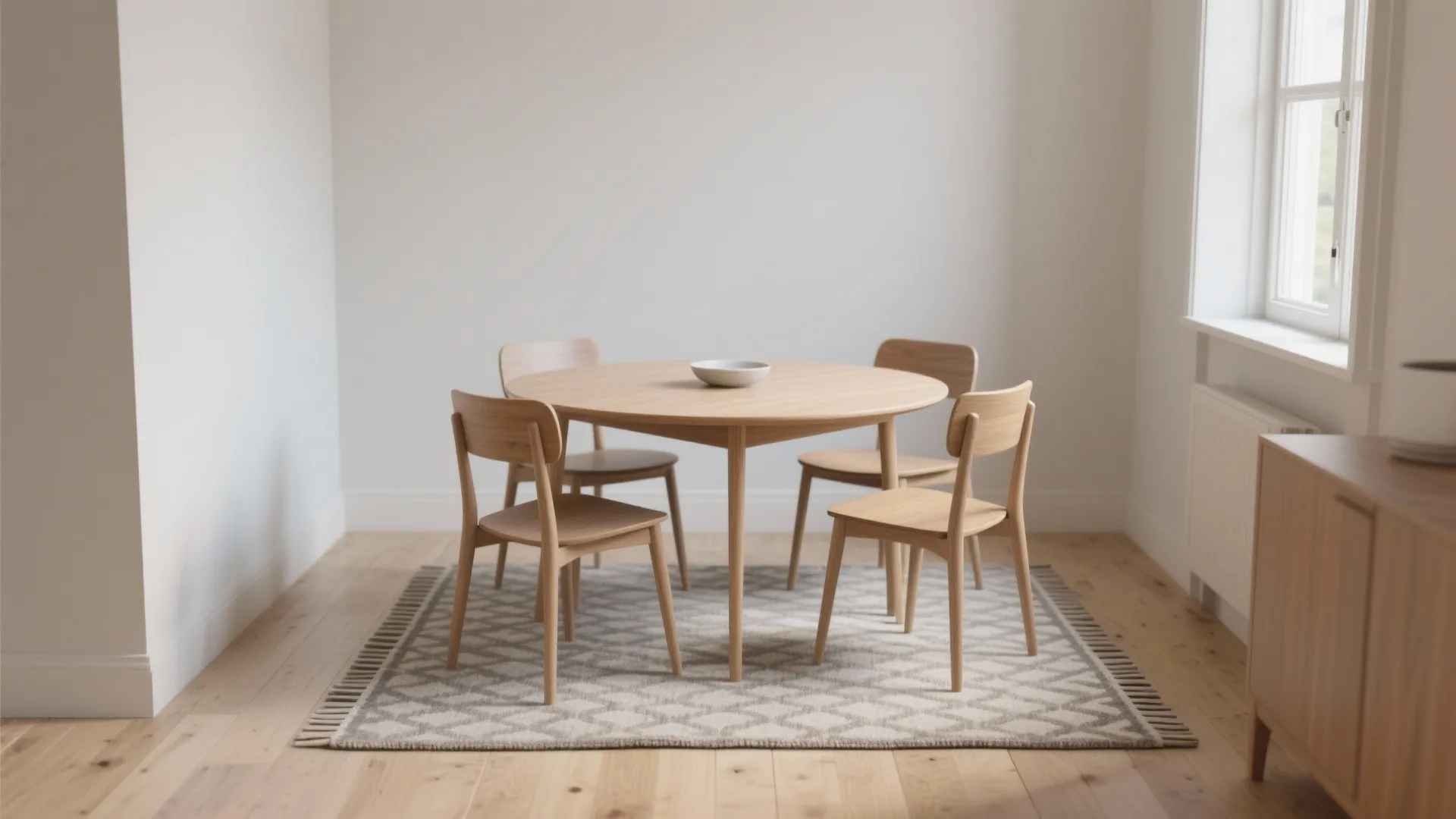 Modern round wooden dining table and four matching chairs on a patterned rug wood floors