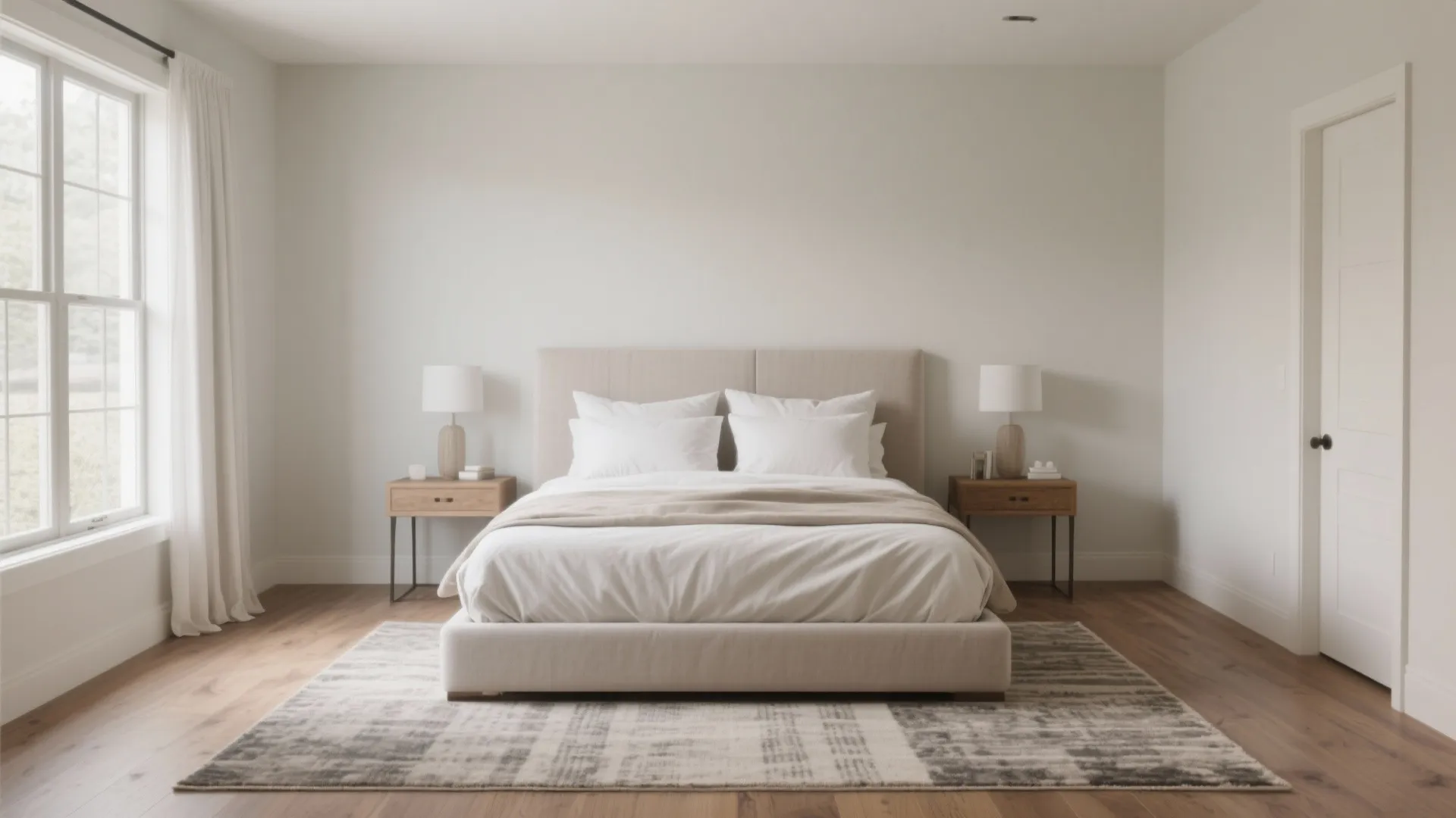 Minimalist white bedroom featuring centered bed with wooden side tables two lamps and large windows