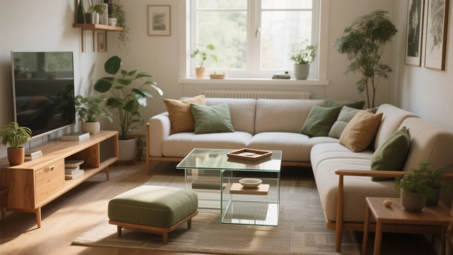 Modern living room with white sofa glass coffee table green footrest wooden cabinet and plants