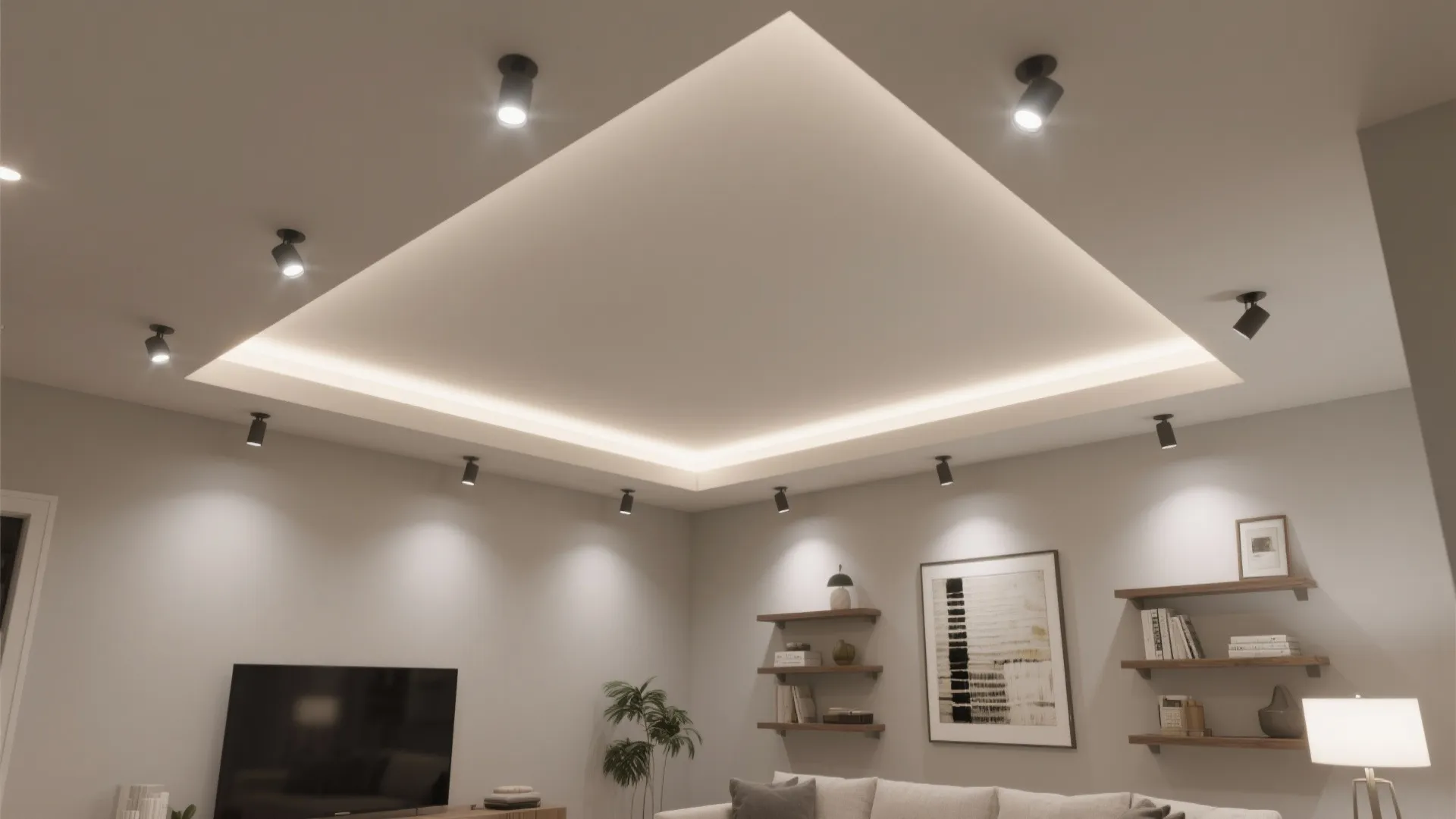 Modern living room with a large recessed ceiling light fixture and multiple small black spotlights