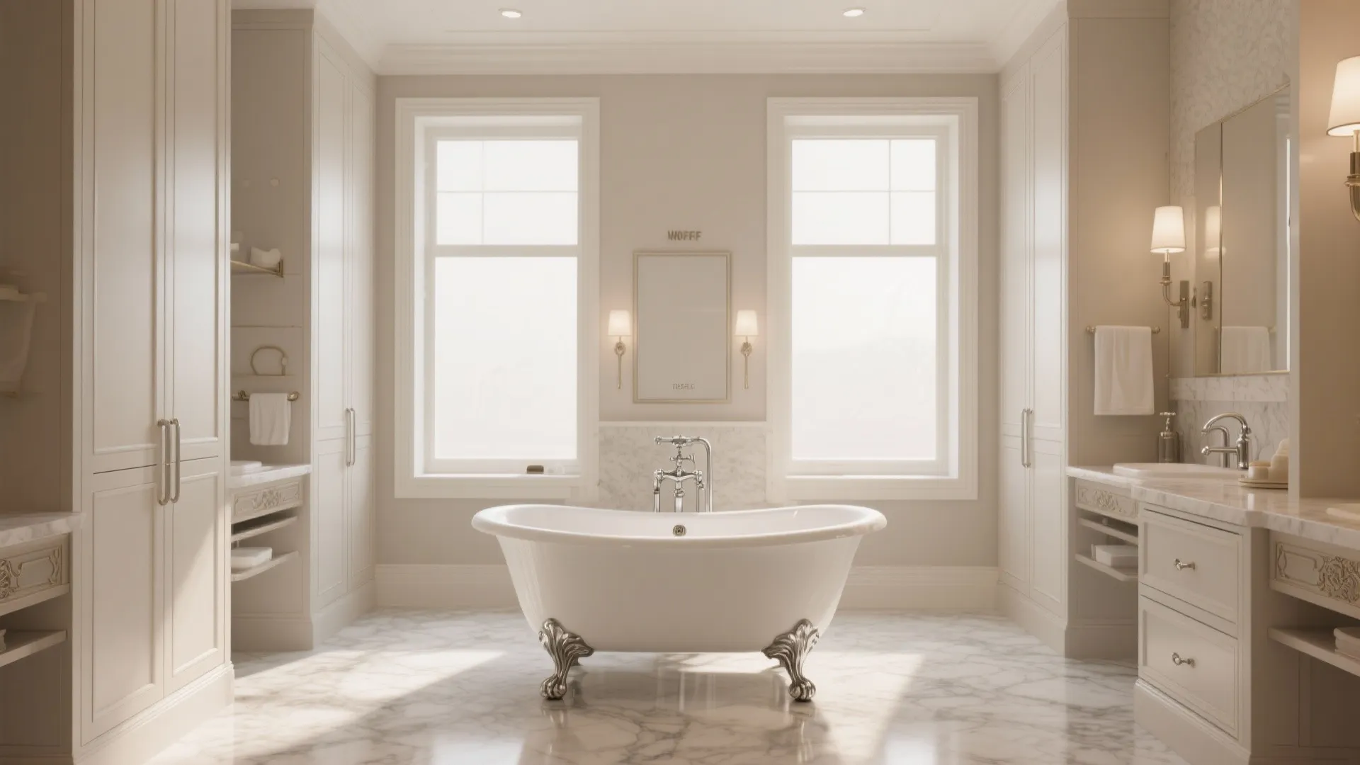 1. Centered Freestanding Tub with Flanking Storage