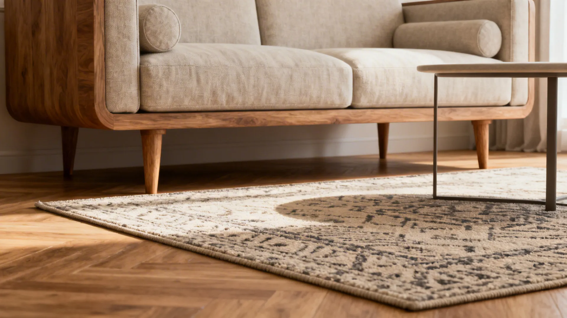 Beige sofa with wooden frame on a patterned rug over a light herringbone wood floor