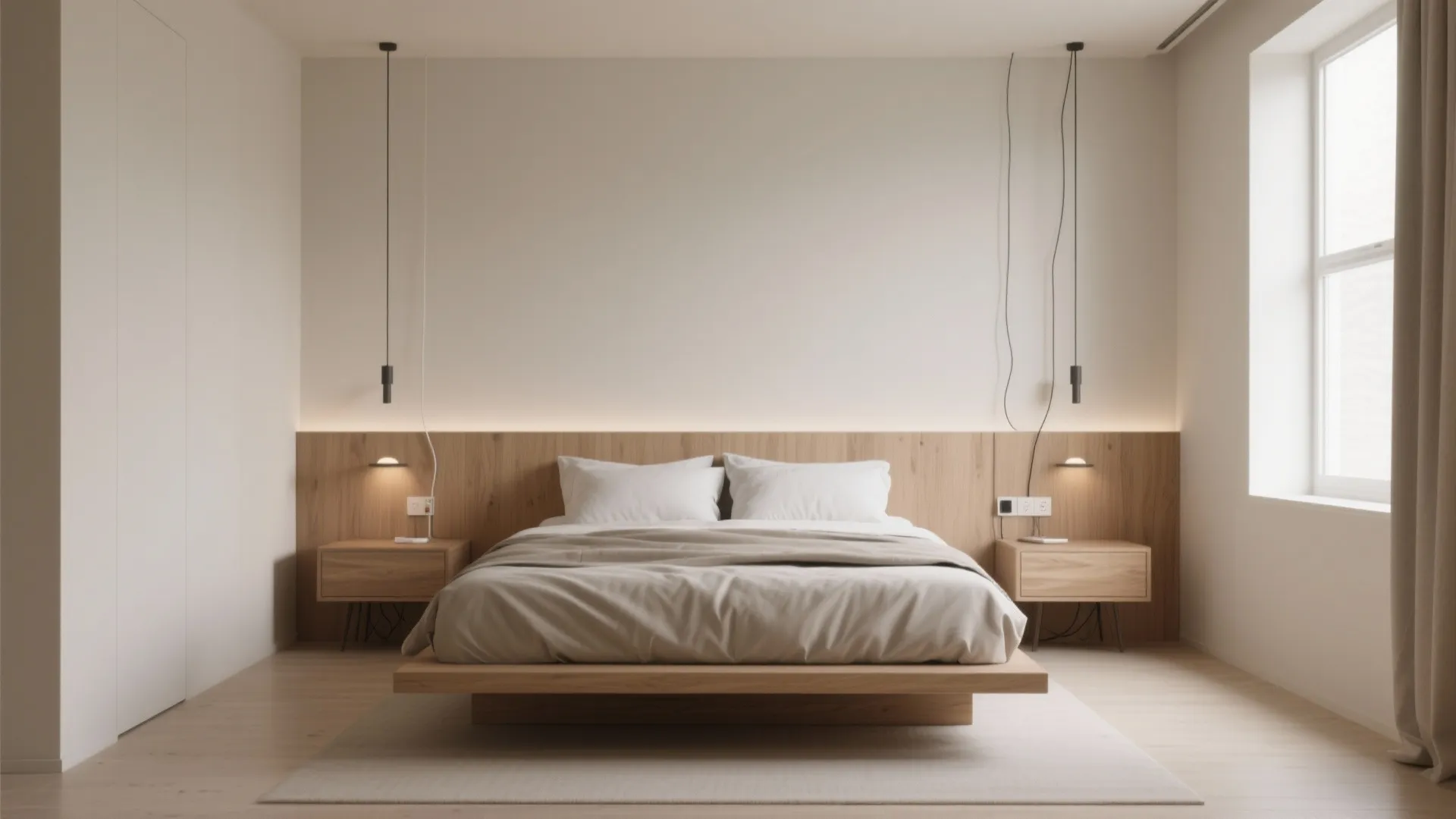 Centered bed on the long wall with floating nightstands and wall lamps, showing symmetry and open floor.