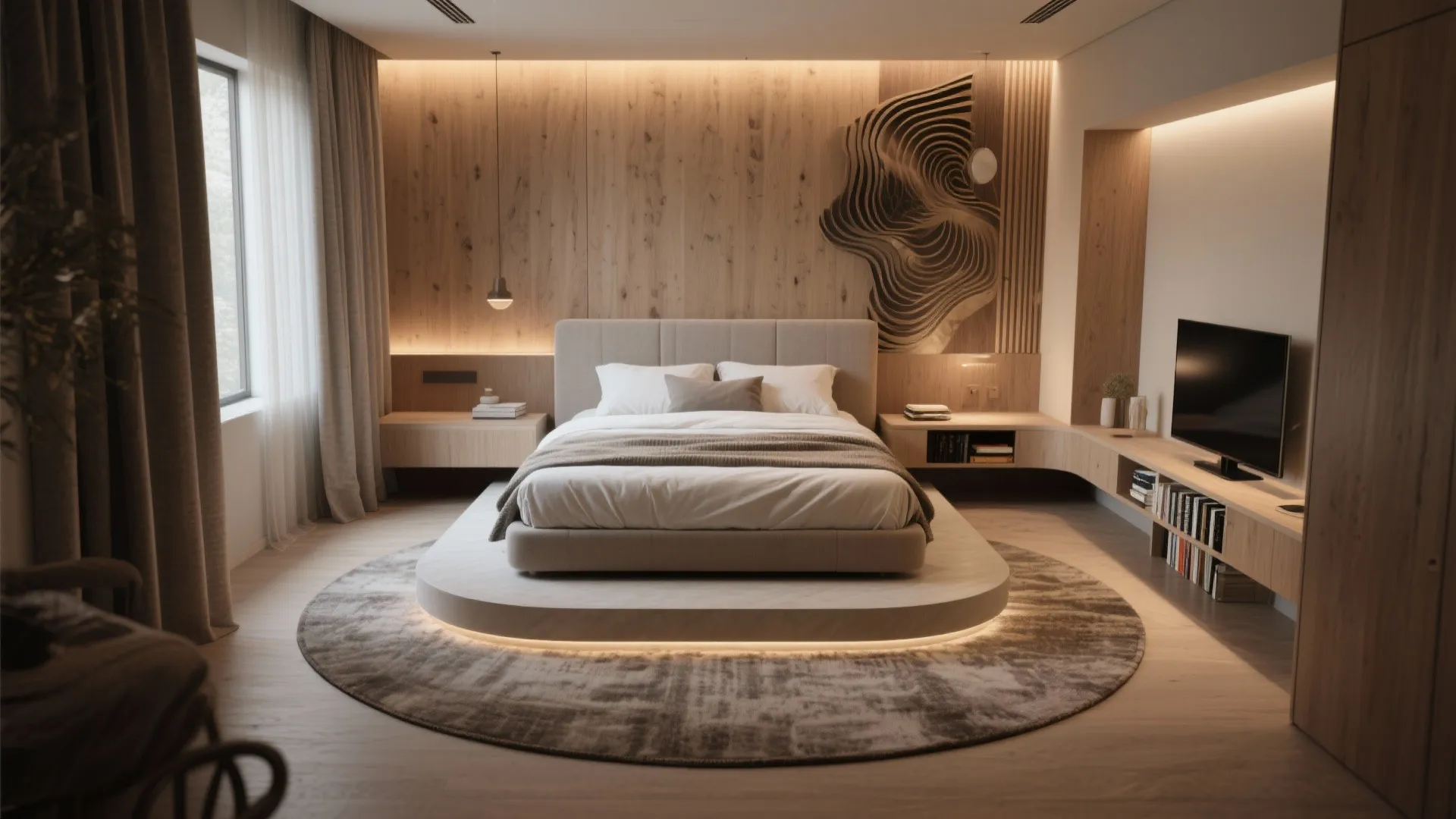 Modern master bedroom with wood wall panel and light beige bed on a round carpet