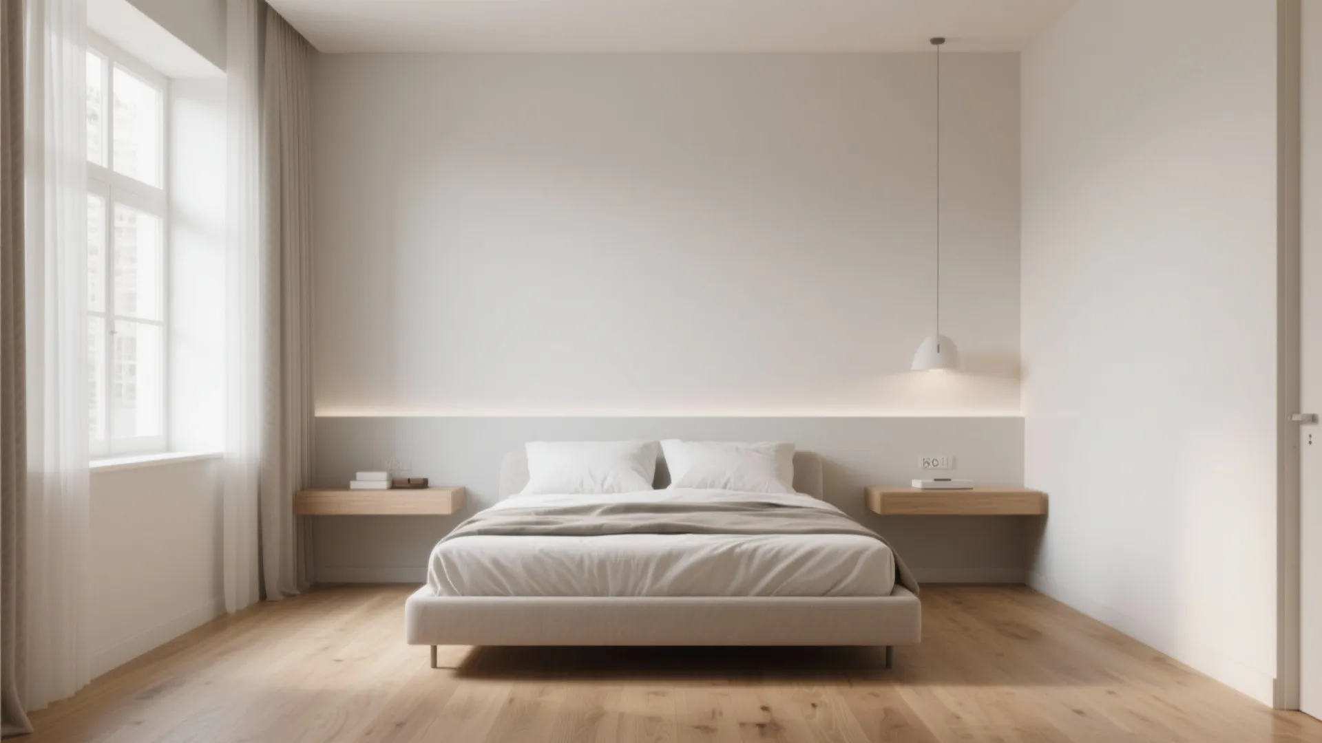 Minimalist bedroom with a centered bed white walls wooden floors and two floating wooden shelves