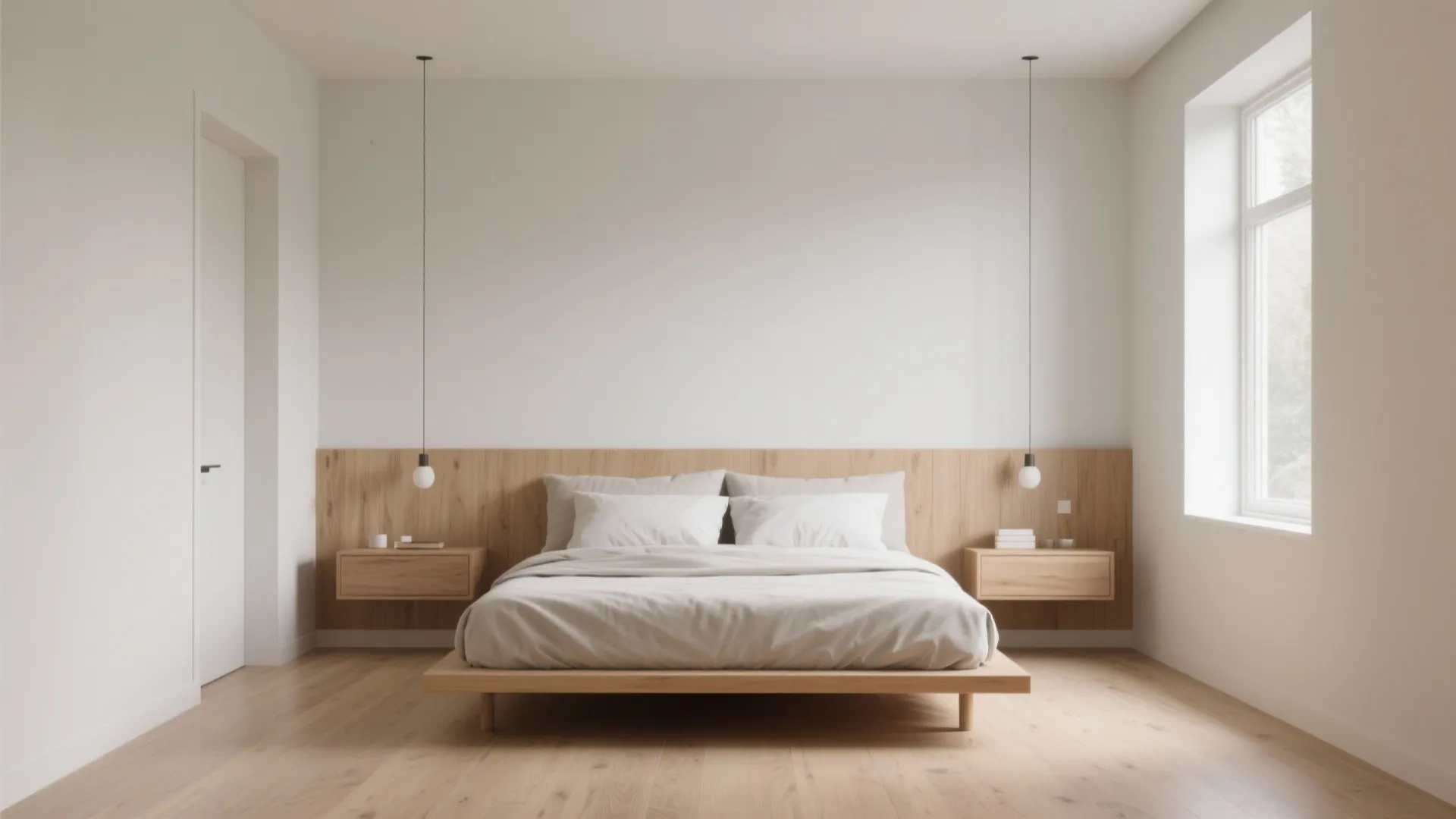 Minimalist bedroom with centered bed, wood wall panel, floating side tables, and hanging light fixtures