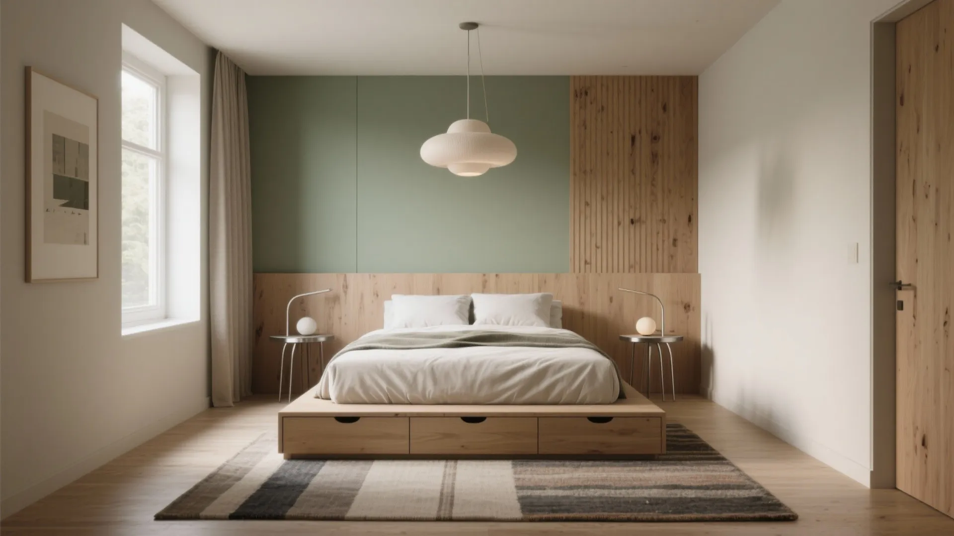 Centered wooden platform bed with white bedding and a green wall panel in modern bedroom