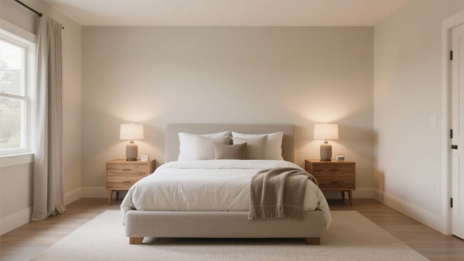 Symmetrical bedroom setup with a centered bed two wooden side tables and warm bedside lamps