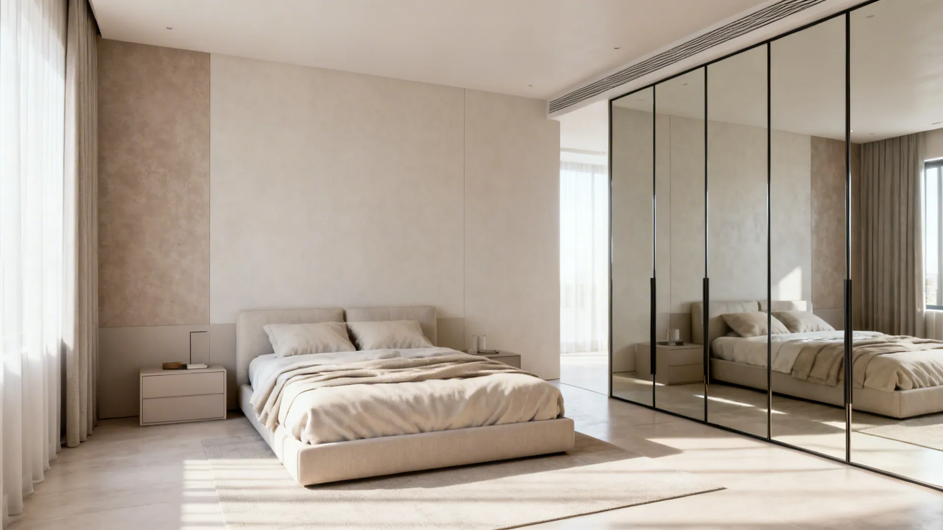 Centered bed with floor-to-ceiling mirrored wardrobe reflecting light to enlarge a small bedroom.